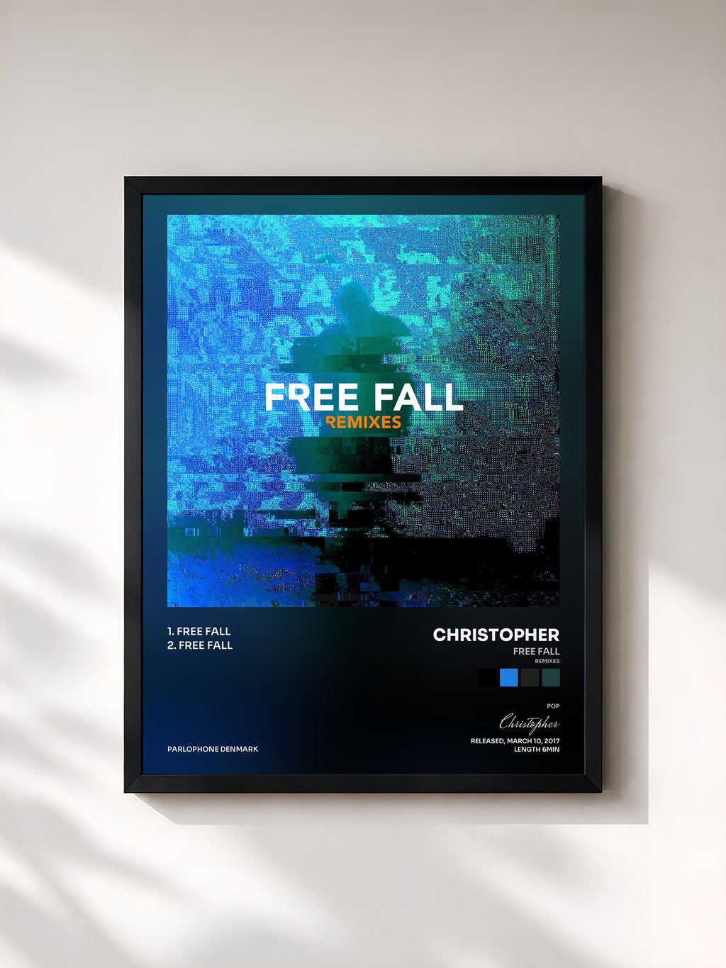 #noir Tableau de l'album Free Fall (Remixes) de Christopher, cadre noir, imprimé et encadré en France