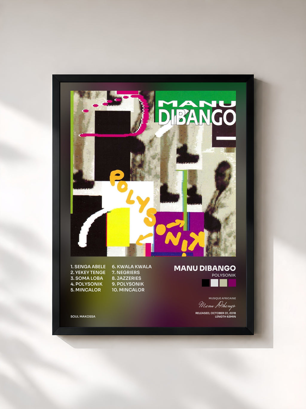 #noir Tableau de l'album Polysonik de Manu Dibango, cadre noir, imprimé et encadré en France