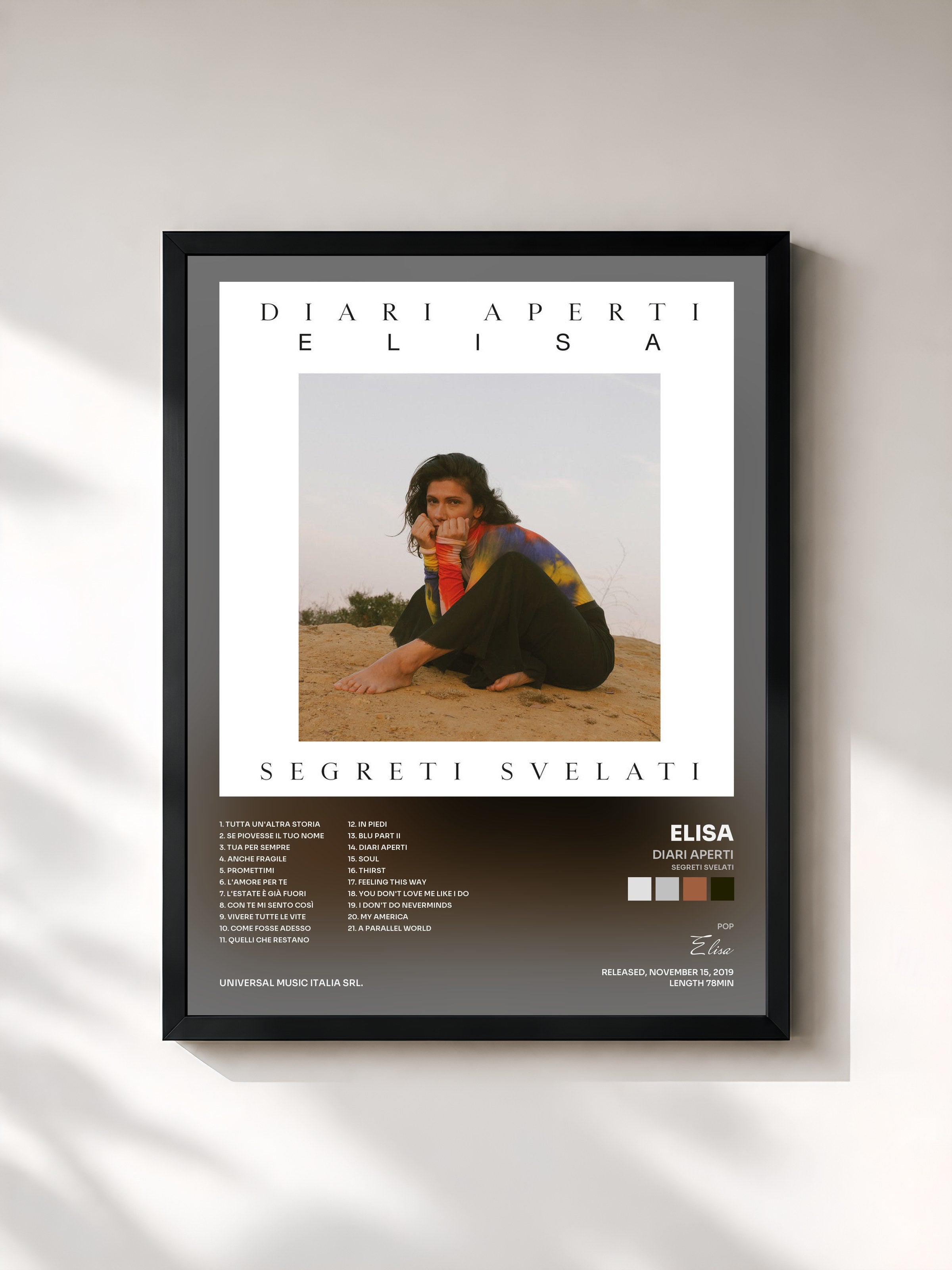 #noir Tableau de l'album Diari Aperti (Segreti Svelati) de Elisa, cadre noir, imprimé et encadré en France