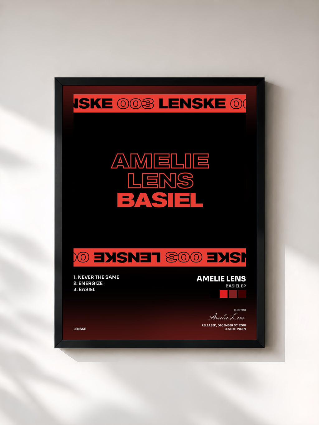 #noir Tableau de l'album Basiel EP de Amelie Lens, cadre noir, imprimé et encadré en France