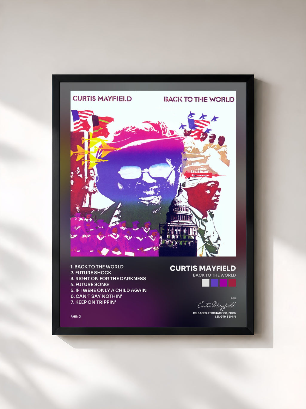 #noir Tableau de l'album Back to the World de Curtis Mayfield, cadre noir, imprimé et encadré en France