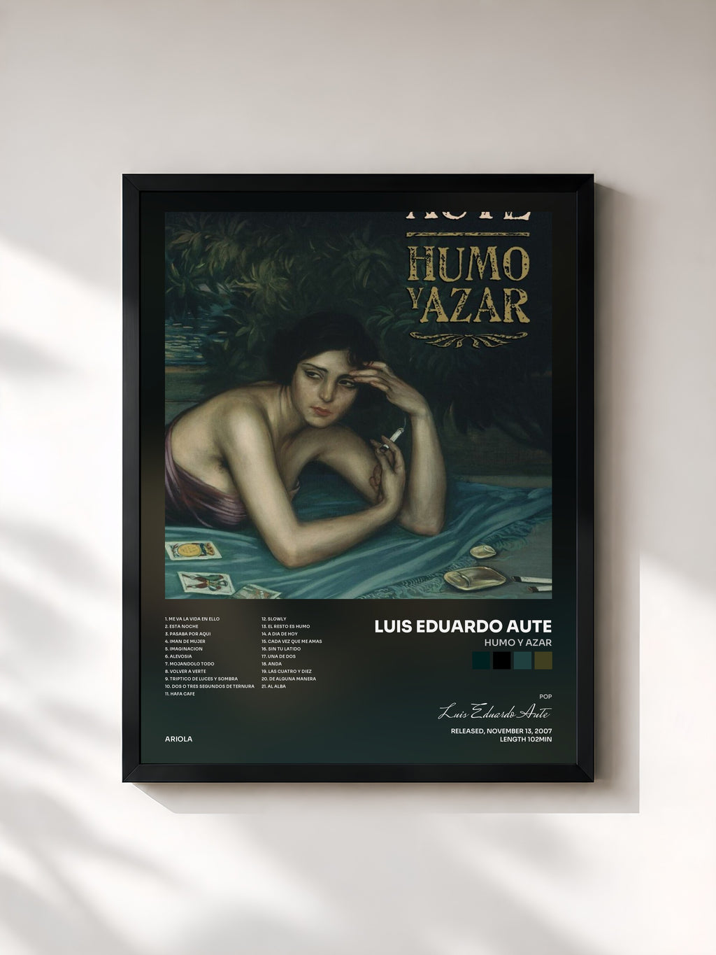 #noir Tableau de l'album Humo Y Azar de Luis Eduardo Aute, cadre noir, imprimé et encadré en France