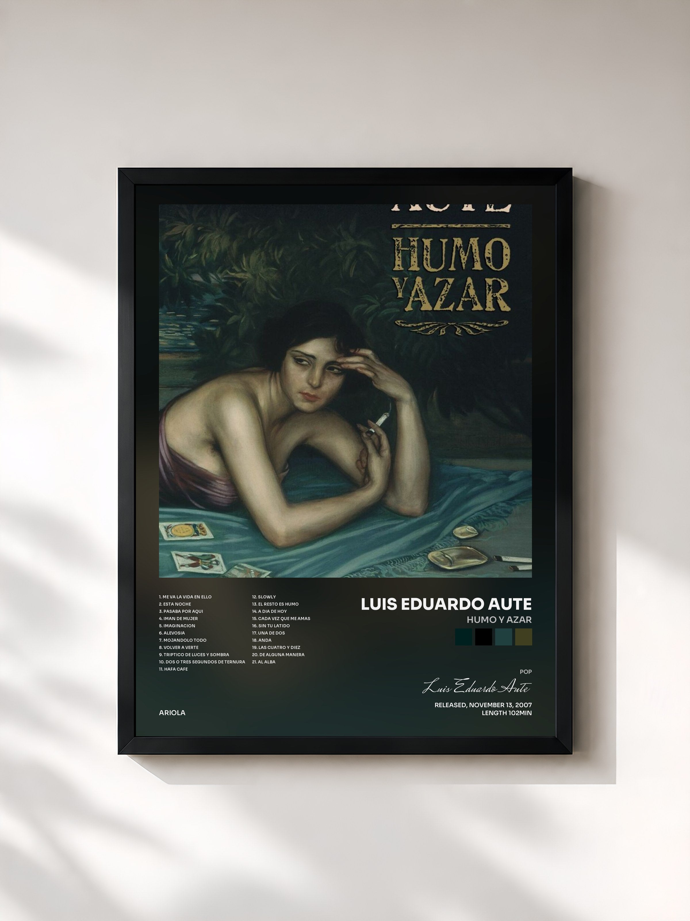 #noir Tableau de l'album Humo Y Azar de Luis Eduardo Aute, cadre noir, imprimé et encadré en France