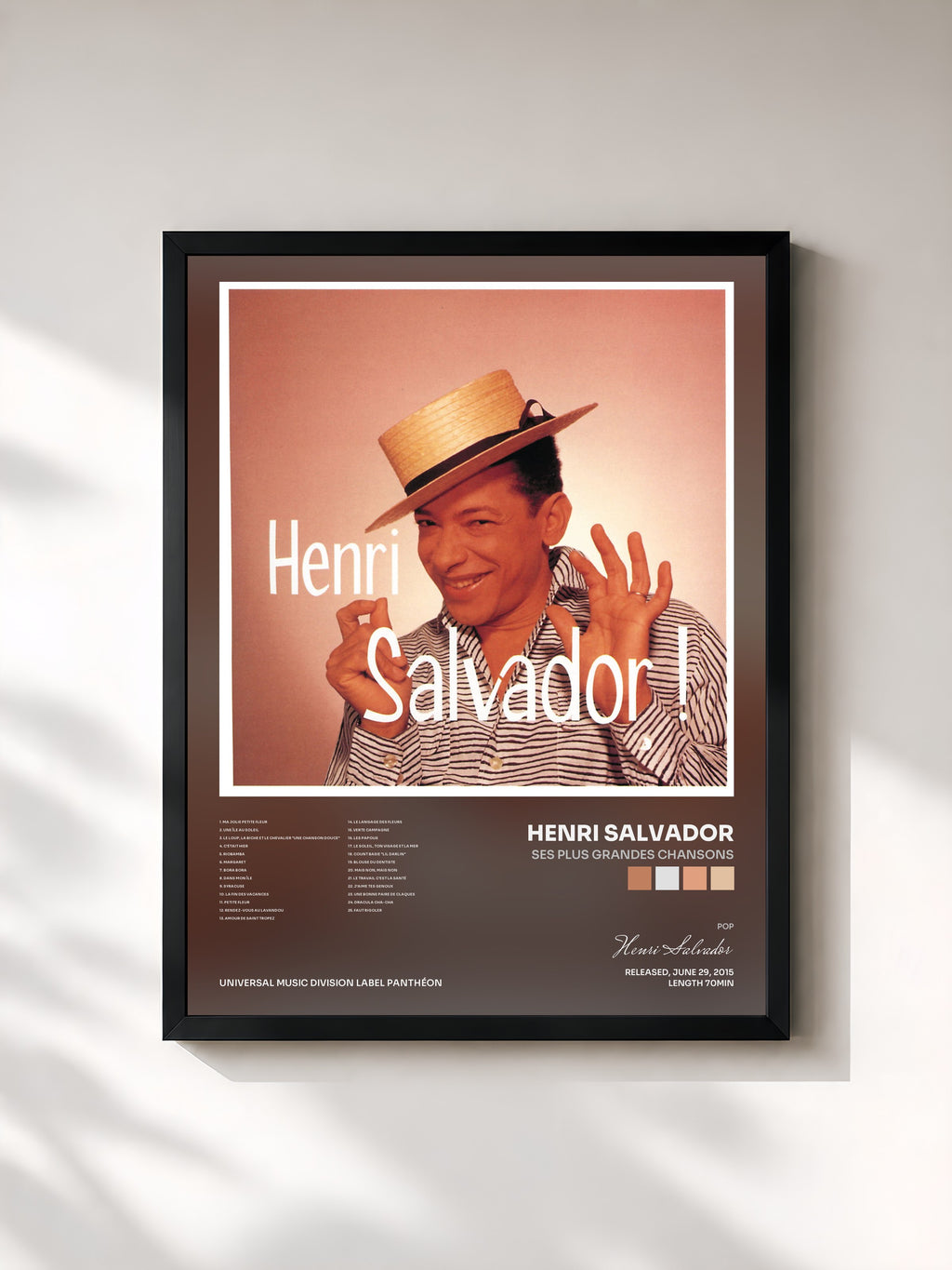 #noir Tableau de l'album Ses plus grandes chansons de Henri Salvador, cadre noir, imprimé et encadré en France