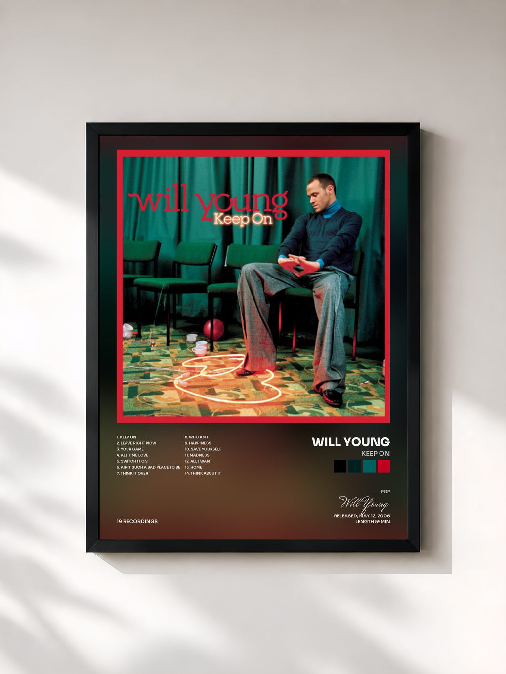 #noir Tableau de l'album Keep On de Will Young, cadre noir, imprimé et encadré en France