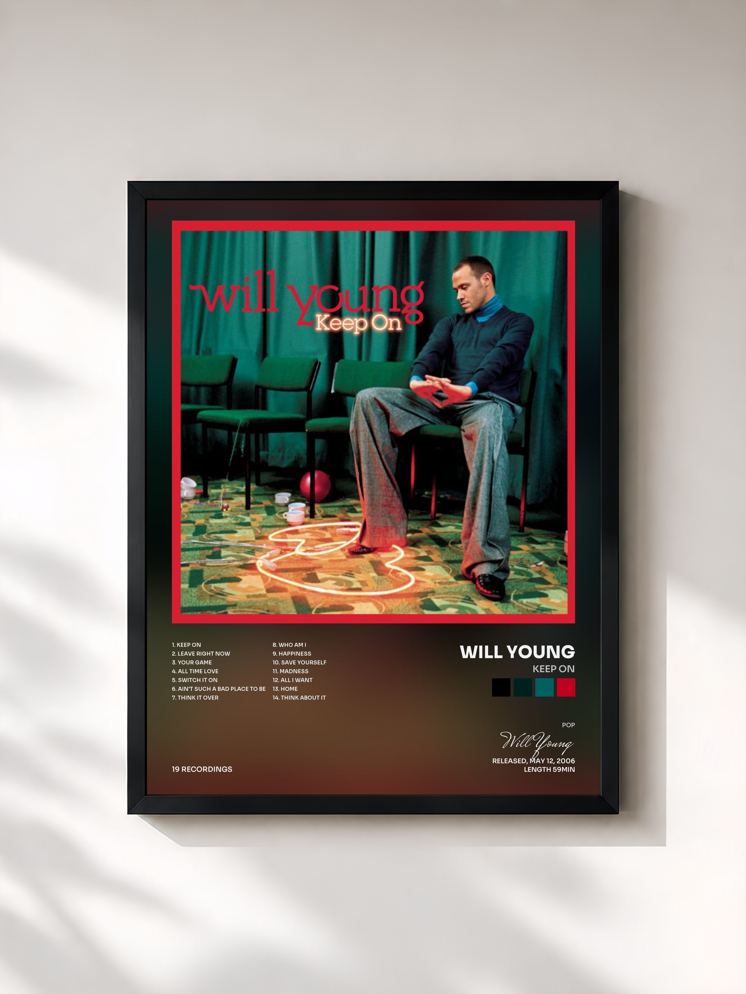 #noir Tableau de l'album Keep On de Will Young, cadre noir, imprimé et encadré en France