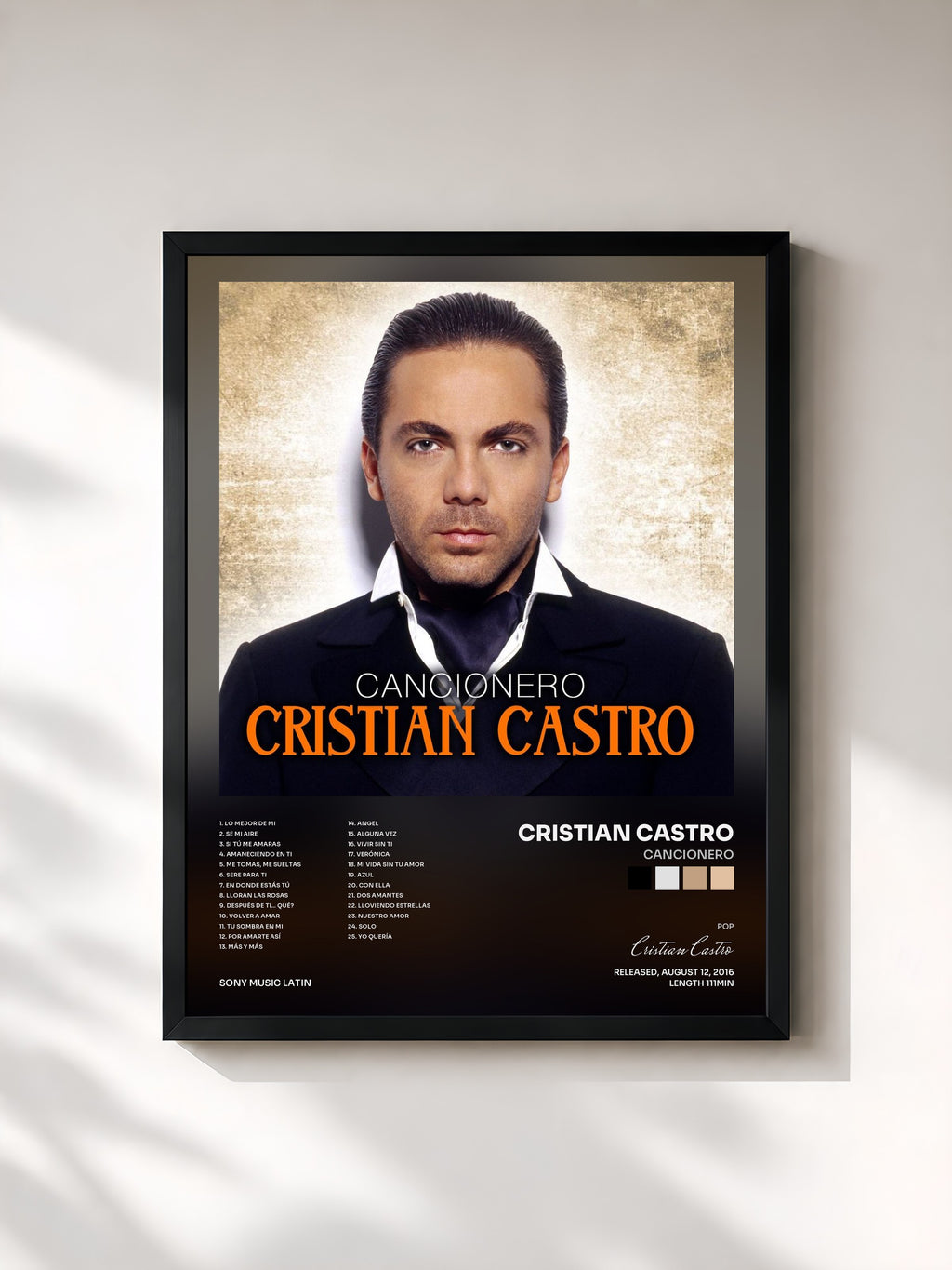 #noir Tableau de l'album Cancionero de Cristian Castro, cadre noir, imprimé et encadré en France