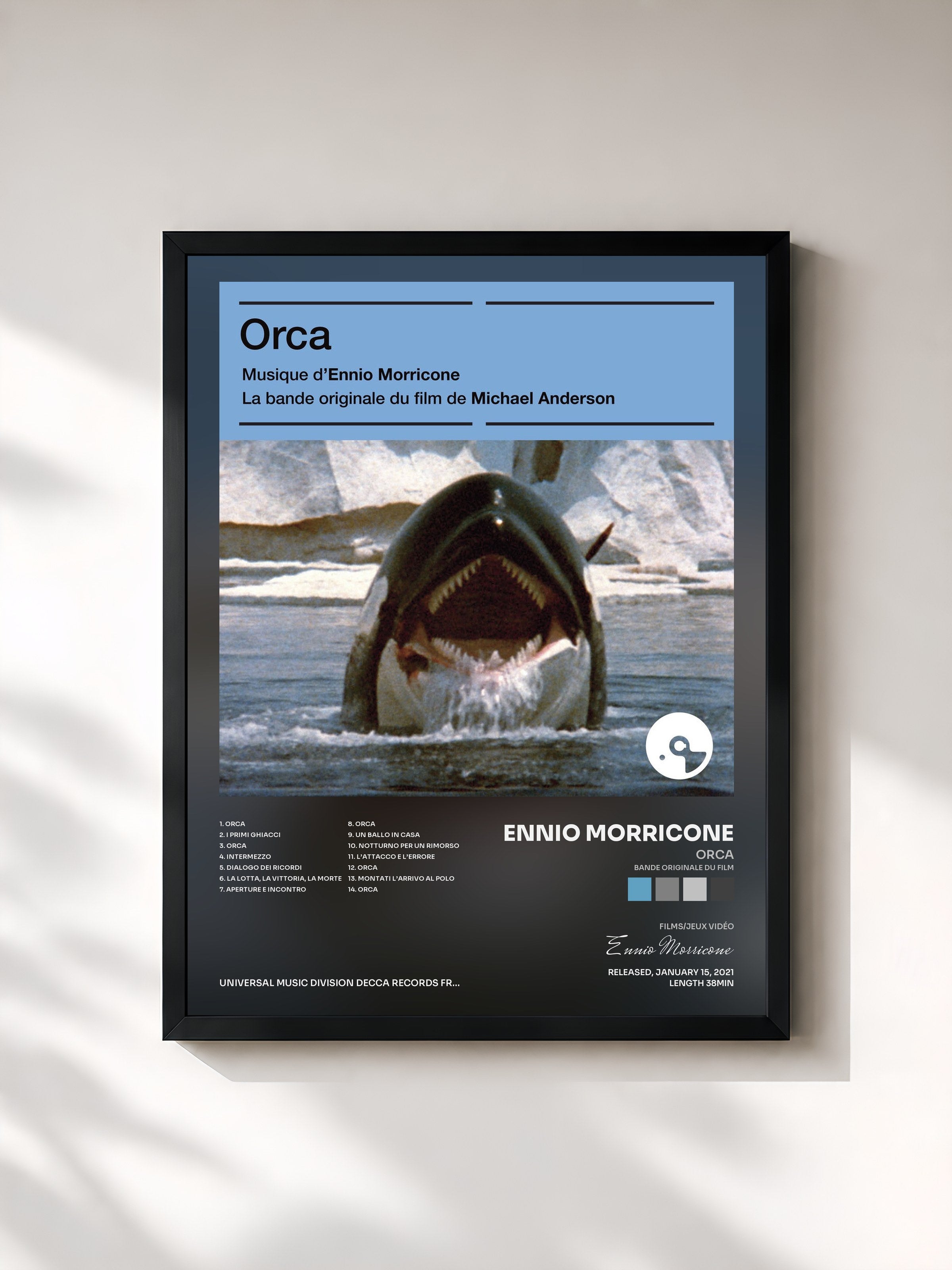 #noir Tableau de l'album Orca (Bande originale du film) de Ennio Morricone, cadre noir, imprimé et encadré en France