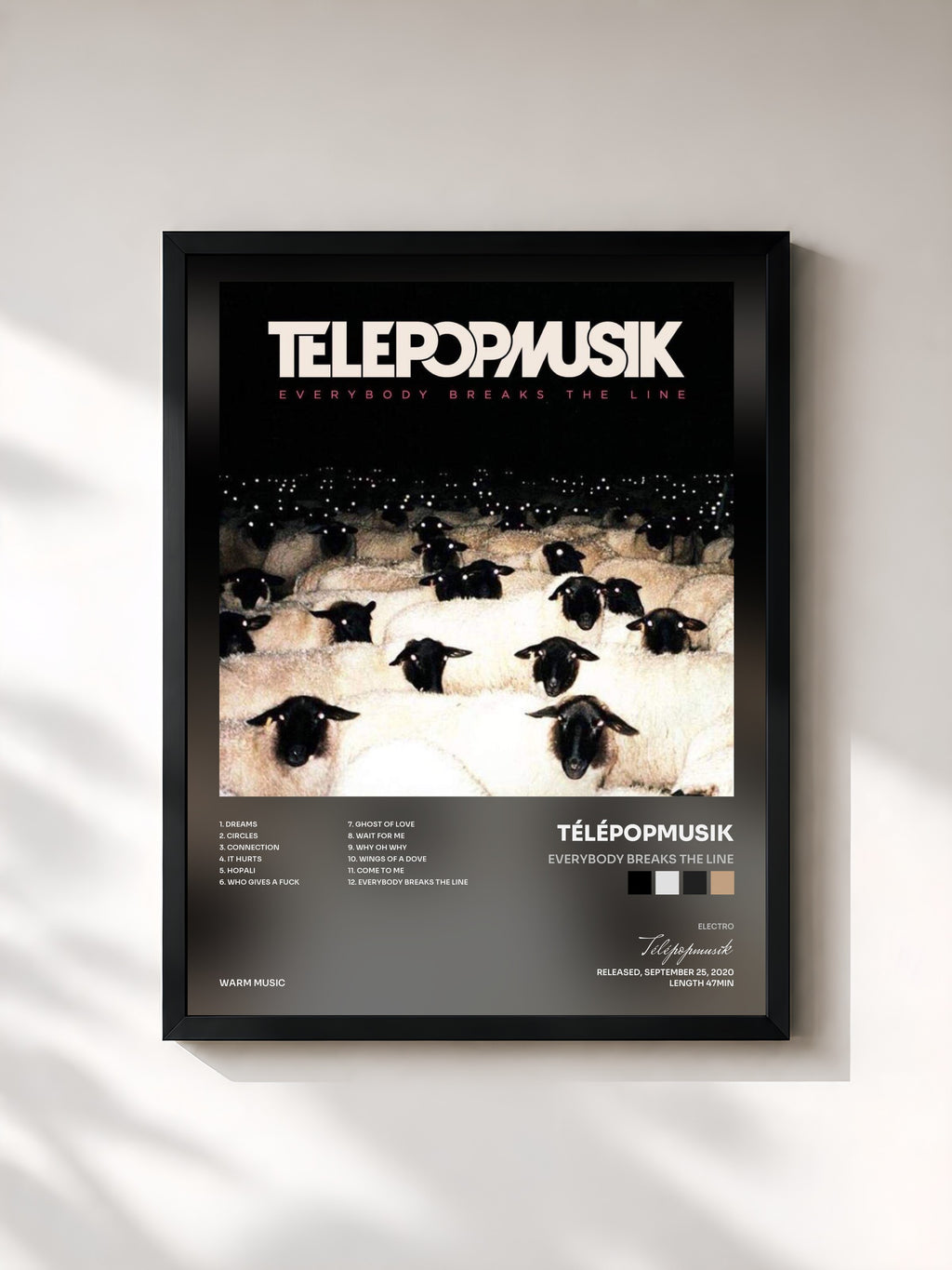 #noir Tableau de l'album Everybody Breaks the Line de Télépopmusik, cadre noir, imprimé et encadré en France