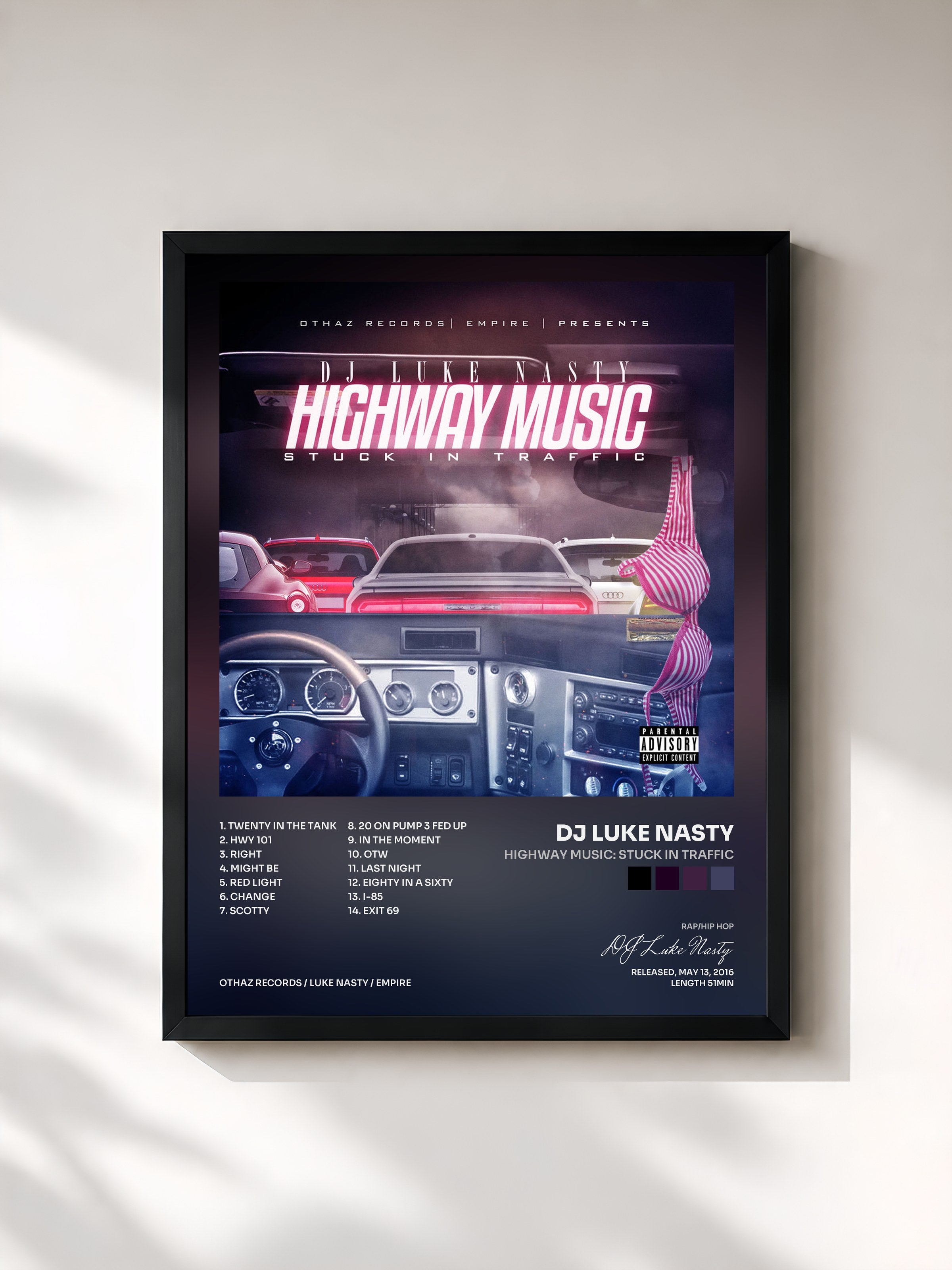 #noir Tableau de l'album Highway Music: Stuck In Traffic de DJ Luke Nasty, cadre noir, imprimé et encadré en France