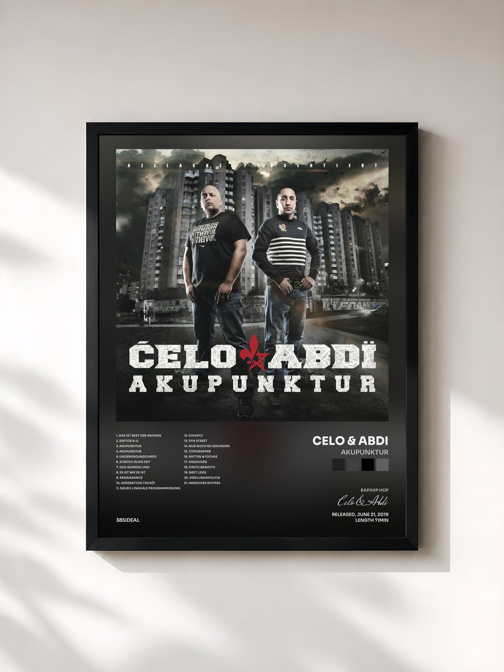 #noir Tableau de l'album Akupunktur de Celo & Abdi, cadre noir, imprimé et encadré en France