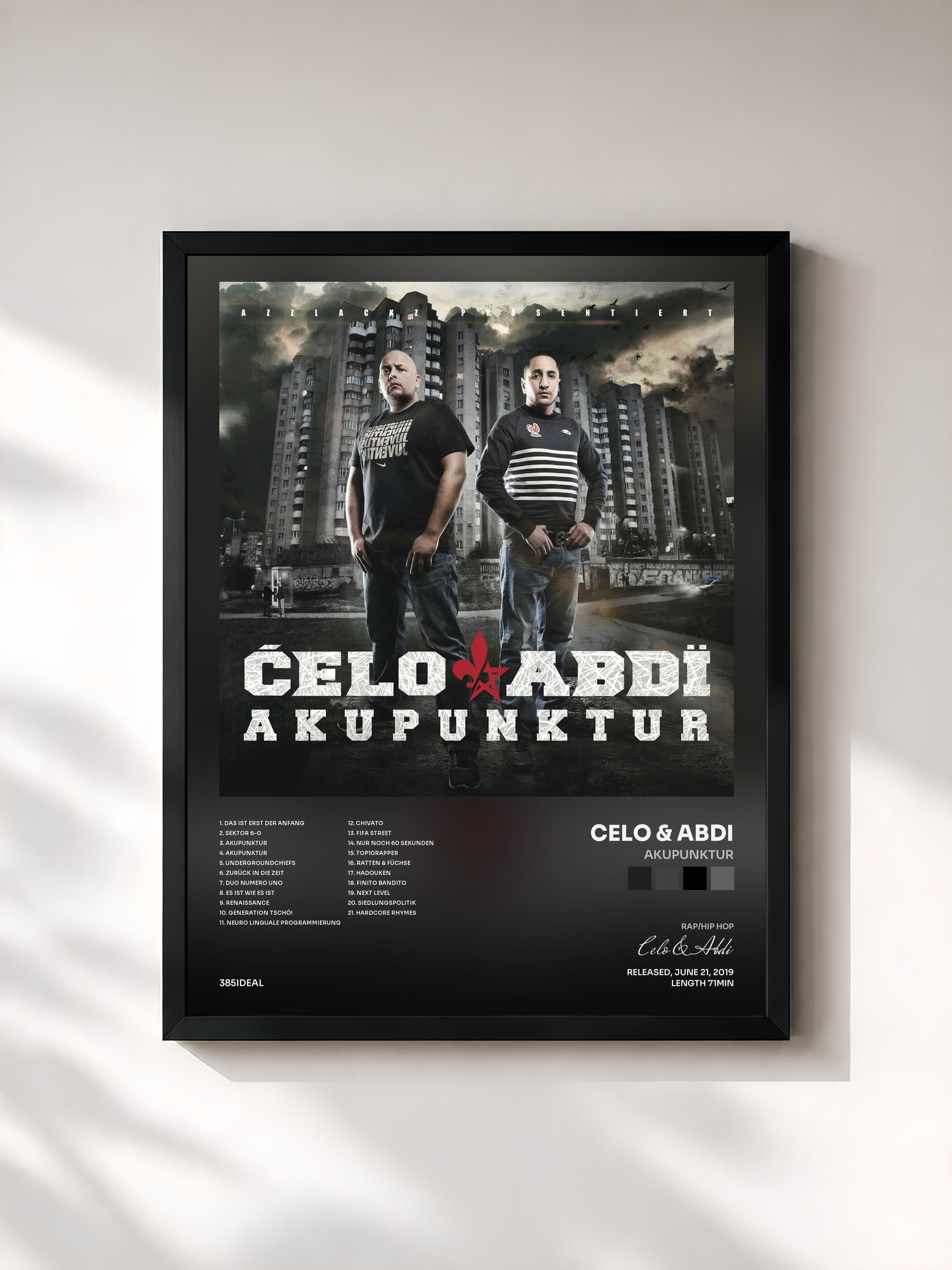 #noir Tableau de l'album Akupunktur de Celo & Abdi, cadre noir, imprimé et encadré en France