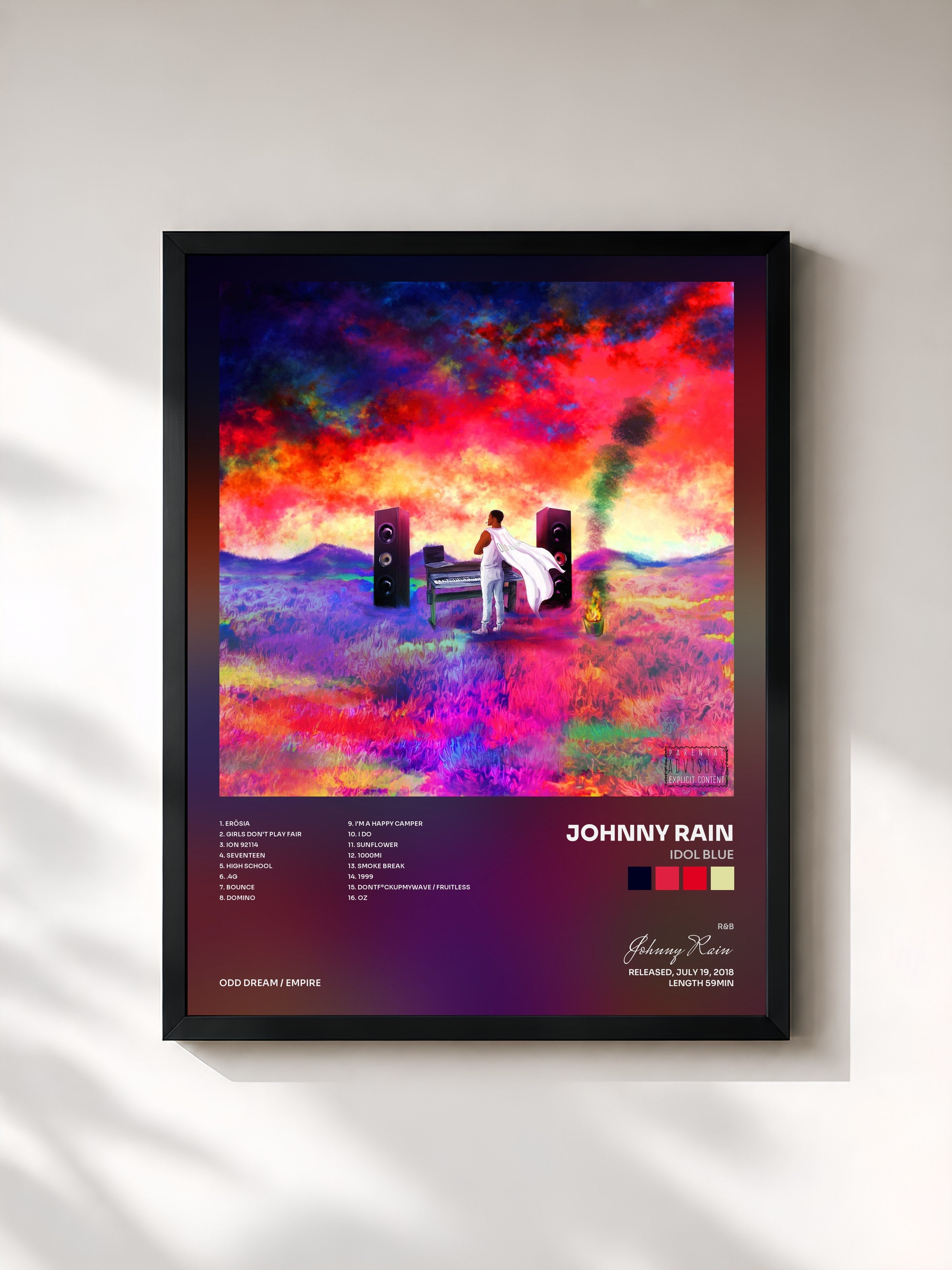 #noir Tableau de l'album Idol Blue de Johnny Rain, cadre noir, imprimé et encadré en France