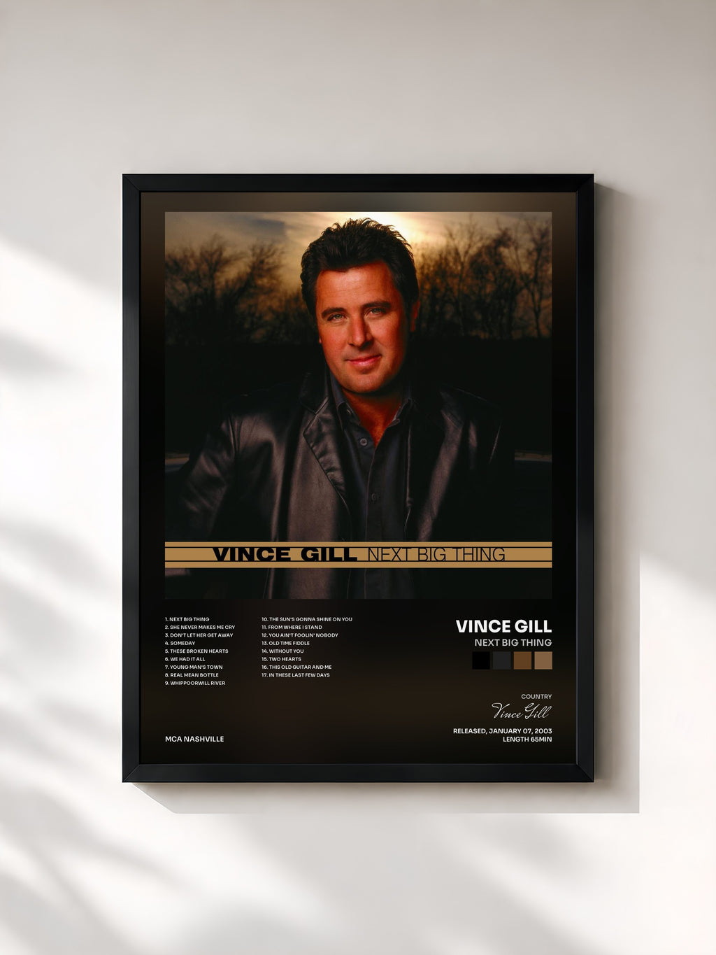 #noir Tableau de l'album Next Big Thing de Vince Gill, cadre noir, imprimé et encadré en France