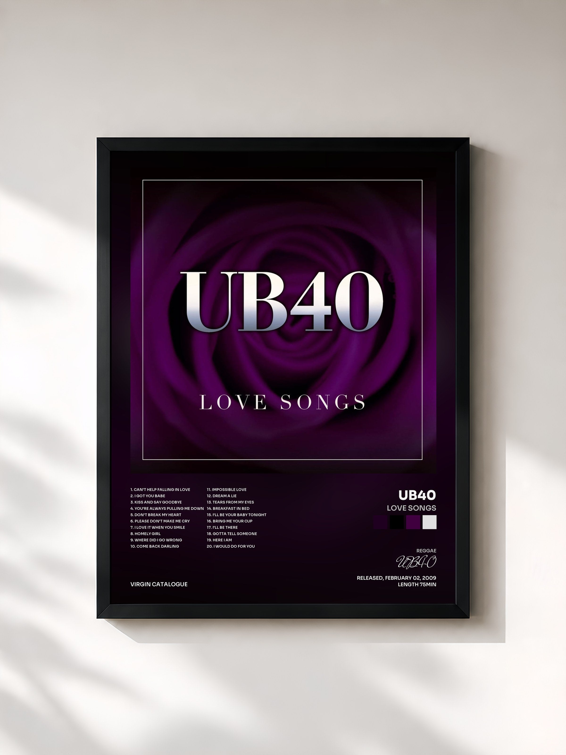 #noir Tableau de l'album Love Songs de UB40, cadre noir, imprimé et encadré en France