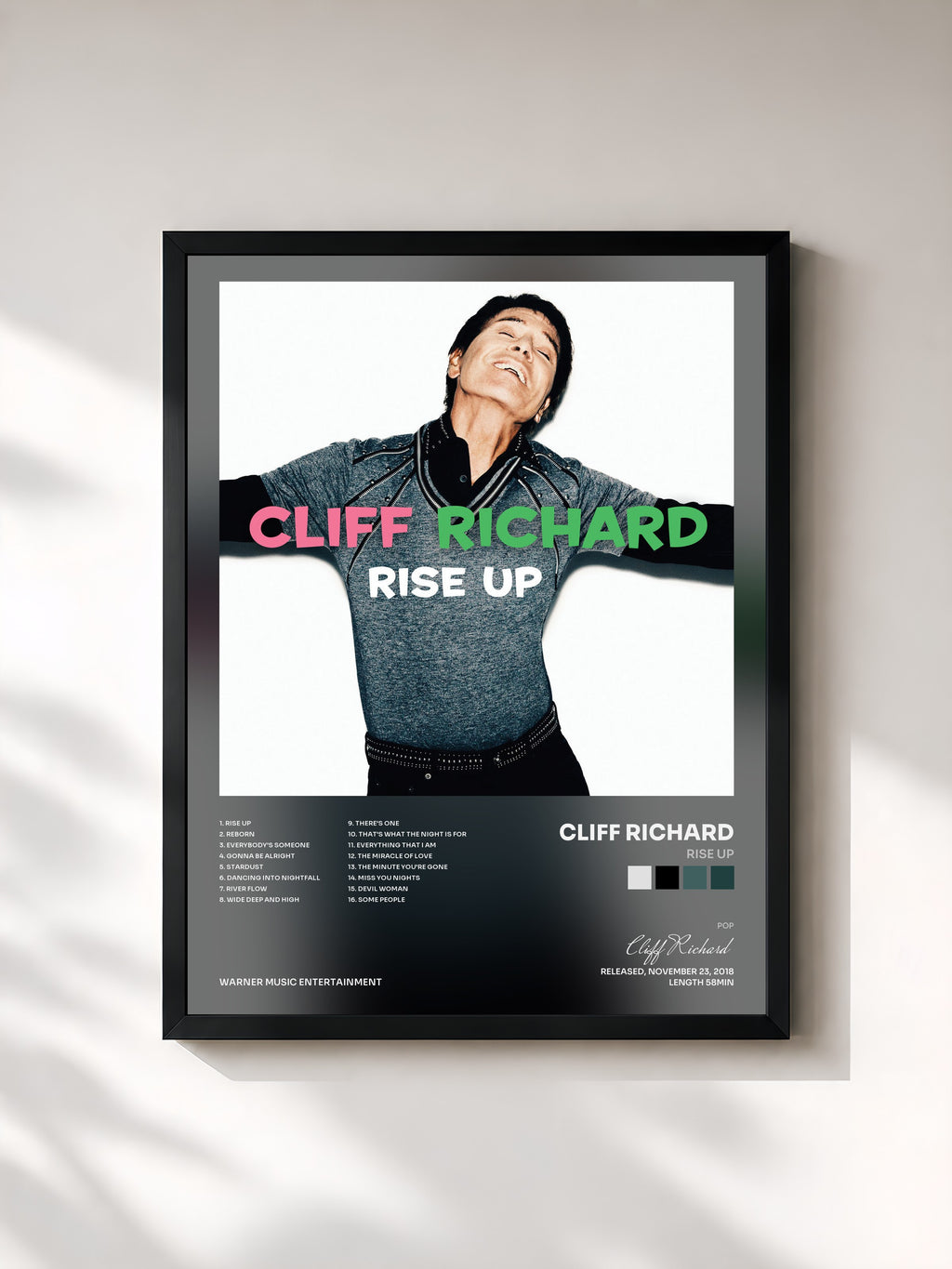 #noir Tableau de l'album Rise Up de Cliff Richard, cadre noir, imprimé et encadré en France