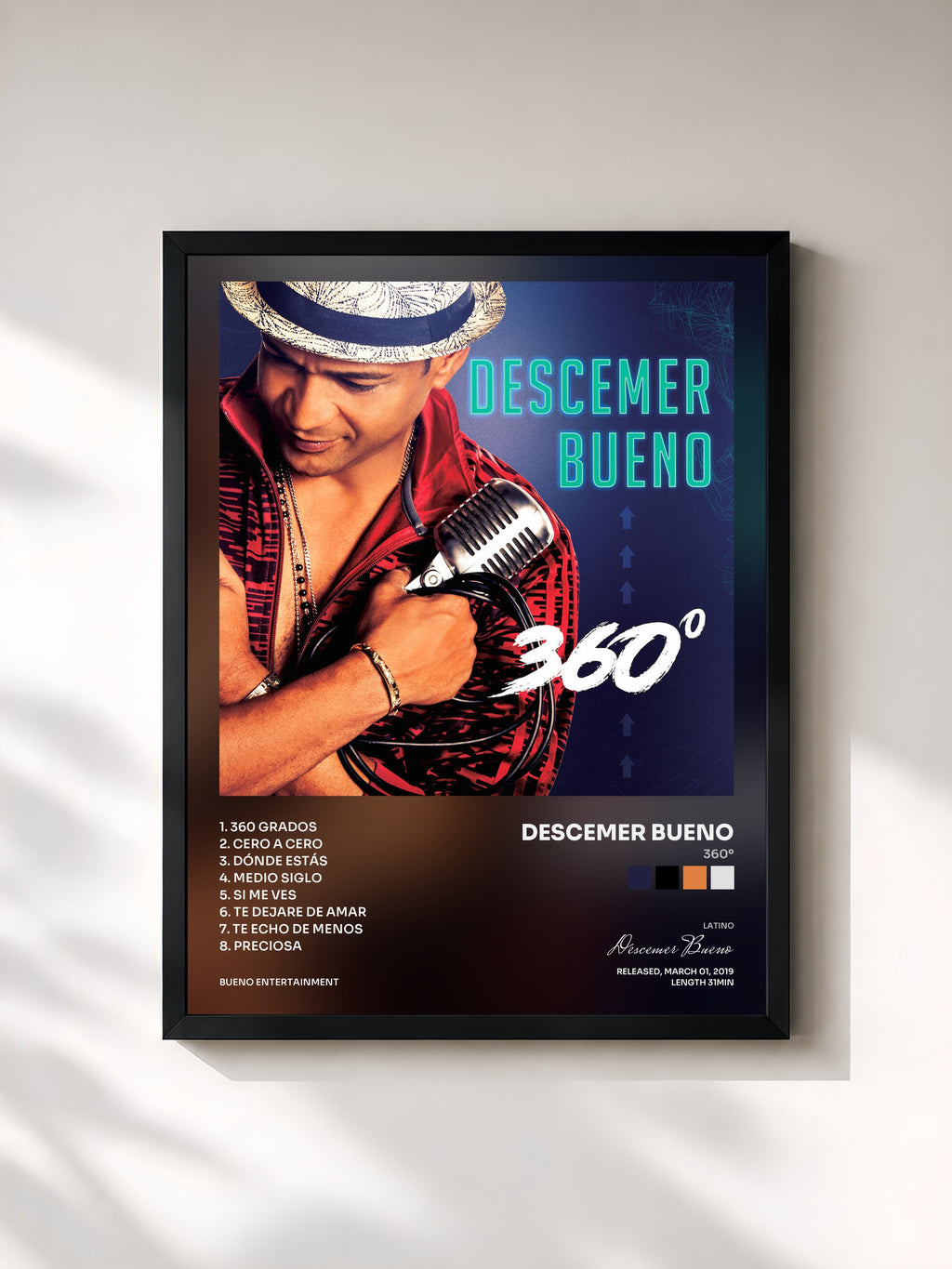 #noir Tableau de l'album 360º de Descemer Bueno, cadre noir, imprimé et encadré en France