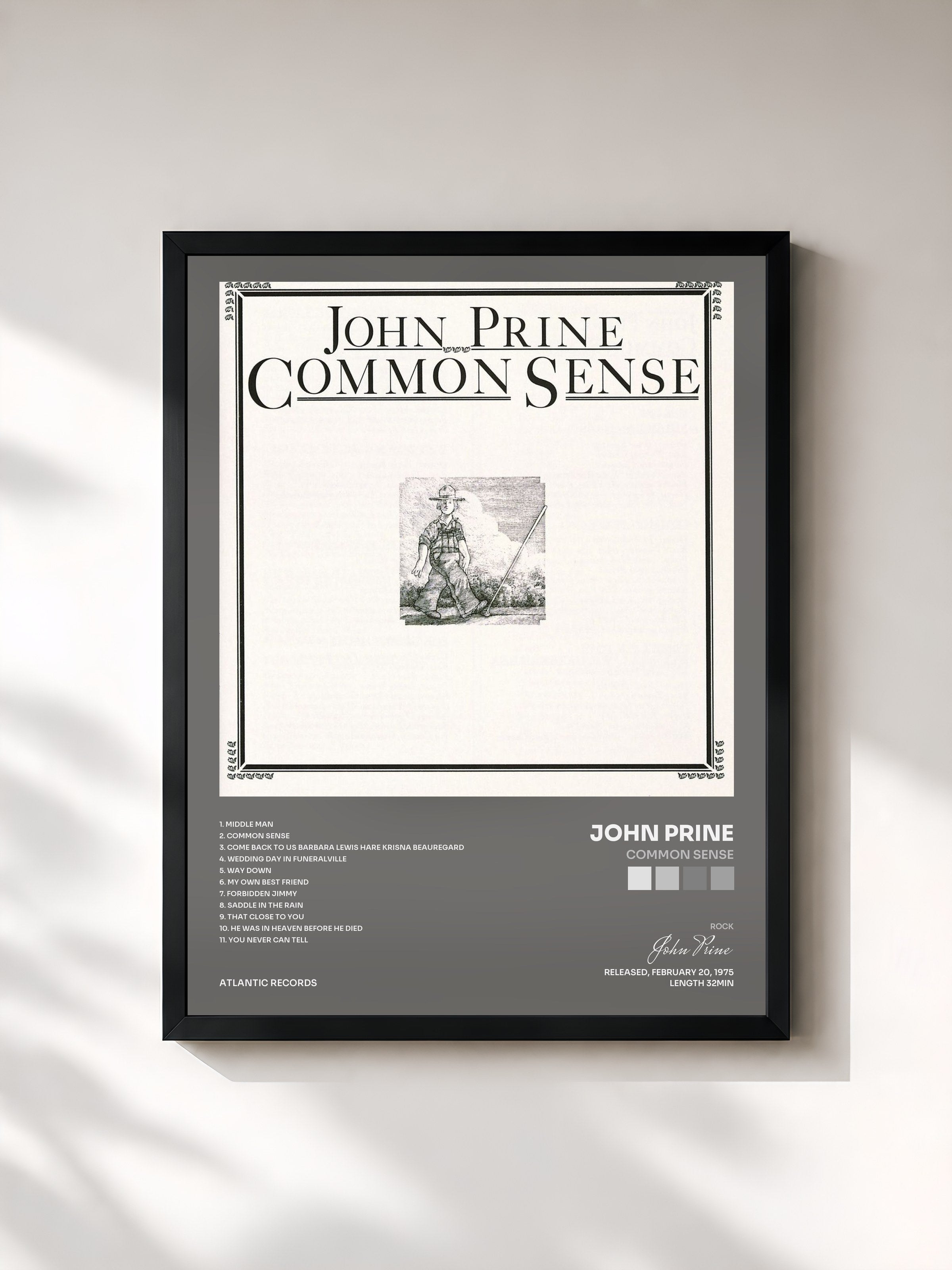 #noir Tableau de l'album Common Sense de John Prine, cadre noir, imprimé et encadré en France