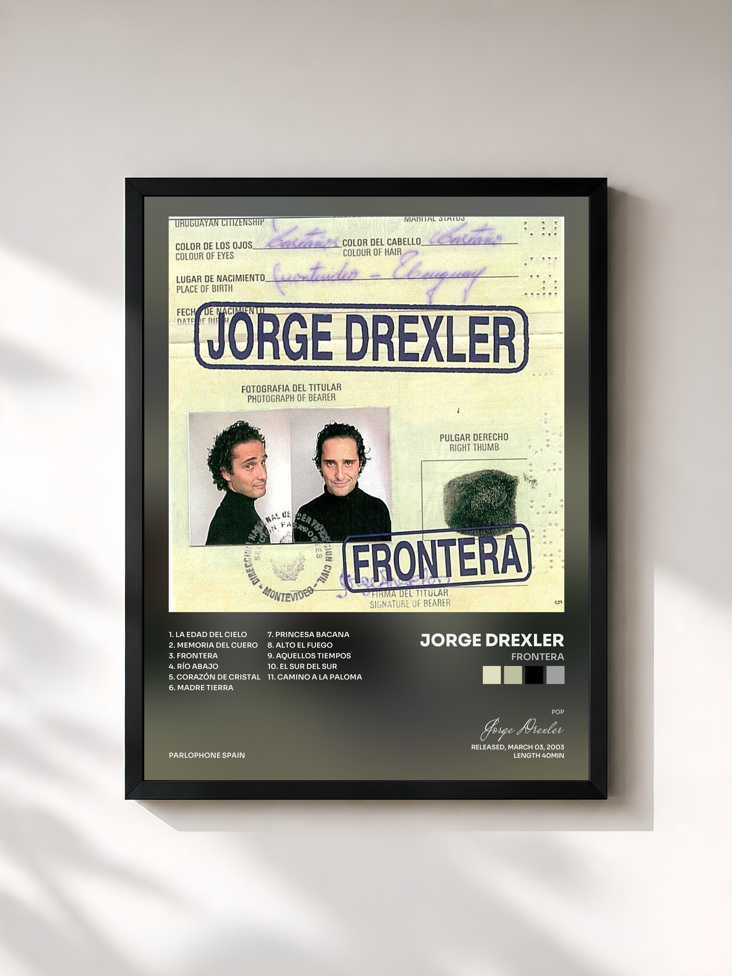 #noir Tableau de l'album Frontera de Jorge Drexler, cadre noir, imprimé et encadré en France