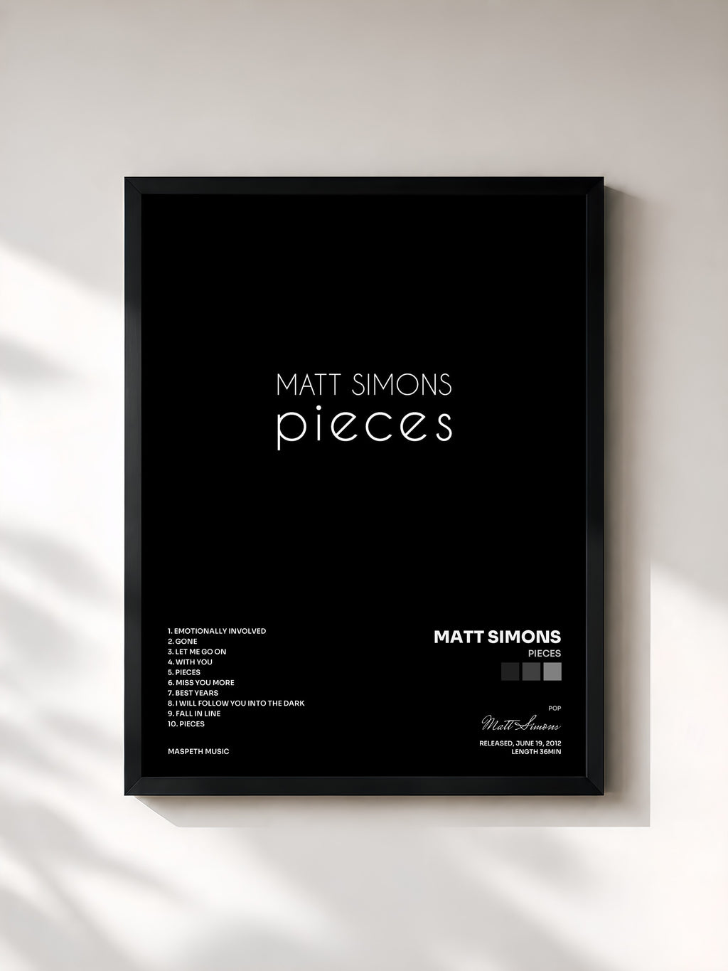 #noir Tableau de l'album Pieces de Matt Simons, cadre noir, imprimé et encadré en France