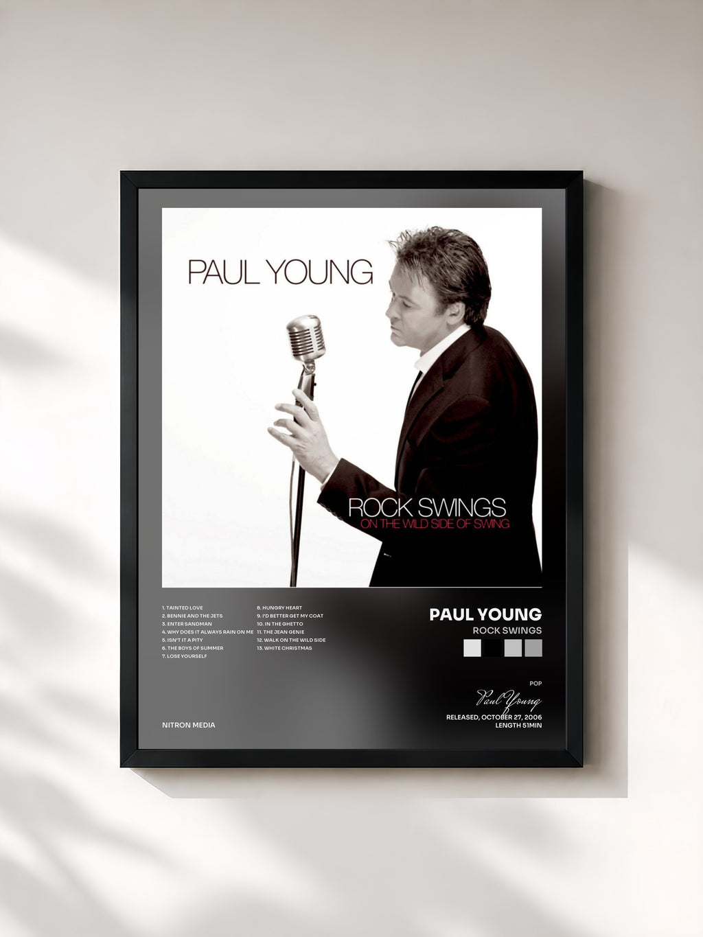 #noir Tableau de l'album Rock Swings de Paul Young, cadre noir, imprimé et encadré en France