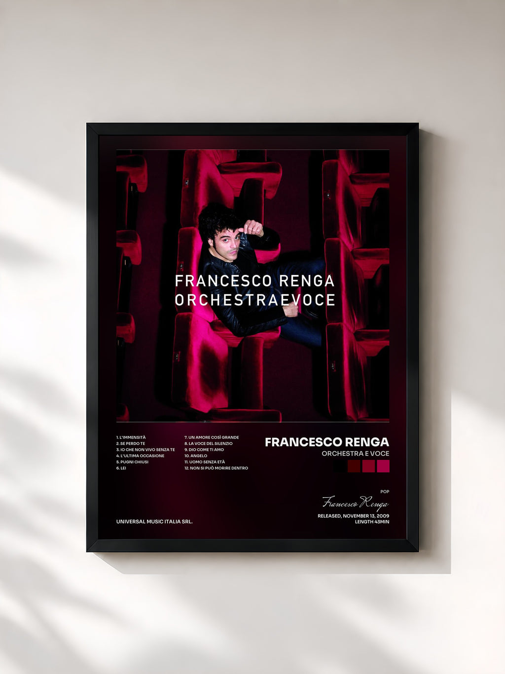 #noir Tableau de l'album Orchestra E Voce de Francesco Renga, cadre noir, imprimé et encadré en France