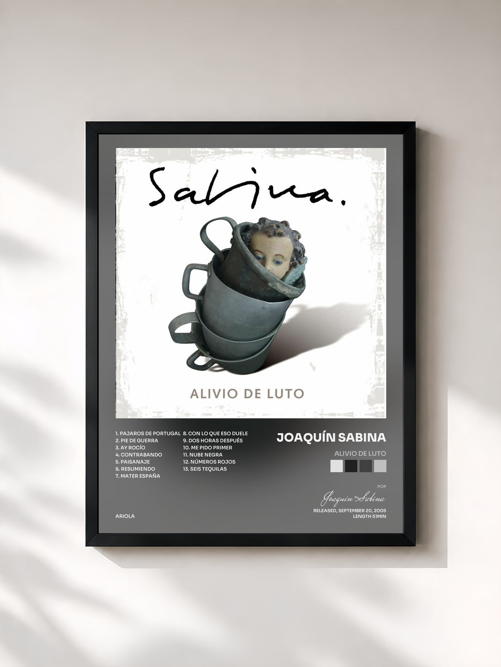 #noir Tableau de l'album Alivio De Luto de Joaquín Sabina, cadre noir, imprimé et encadré en France