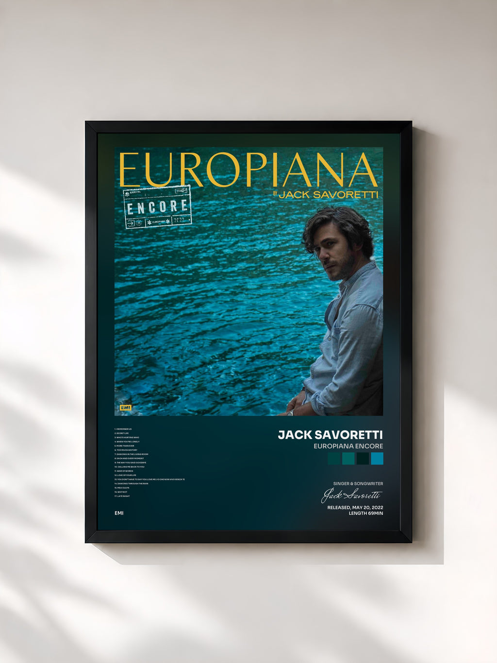 #noir Tableau de l'album Europiana Encore de Jack Savoretti, cadre noir, imprimé et encadré en France