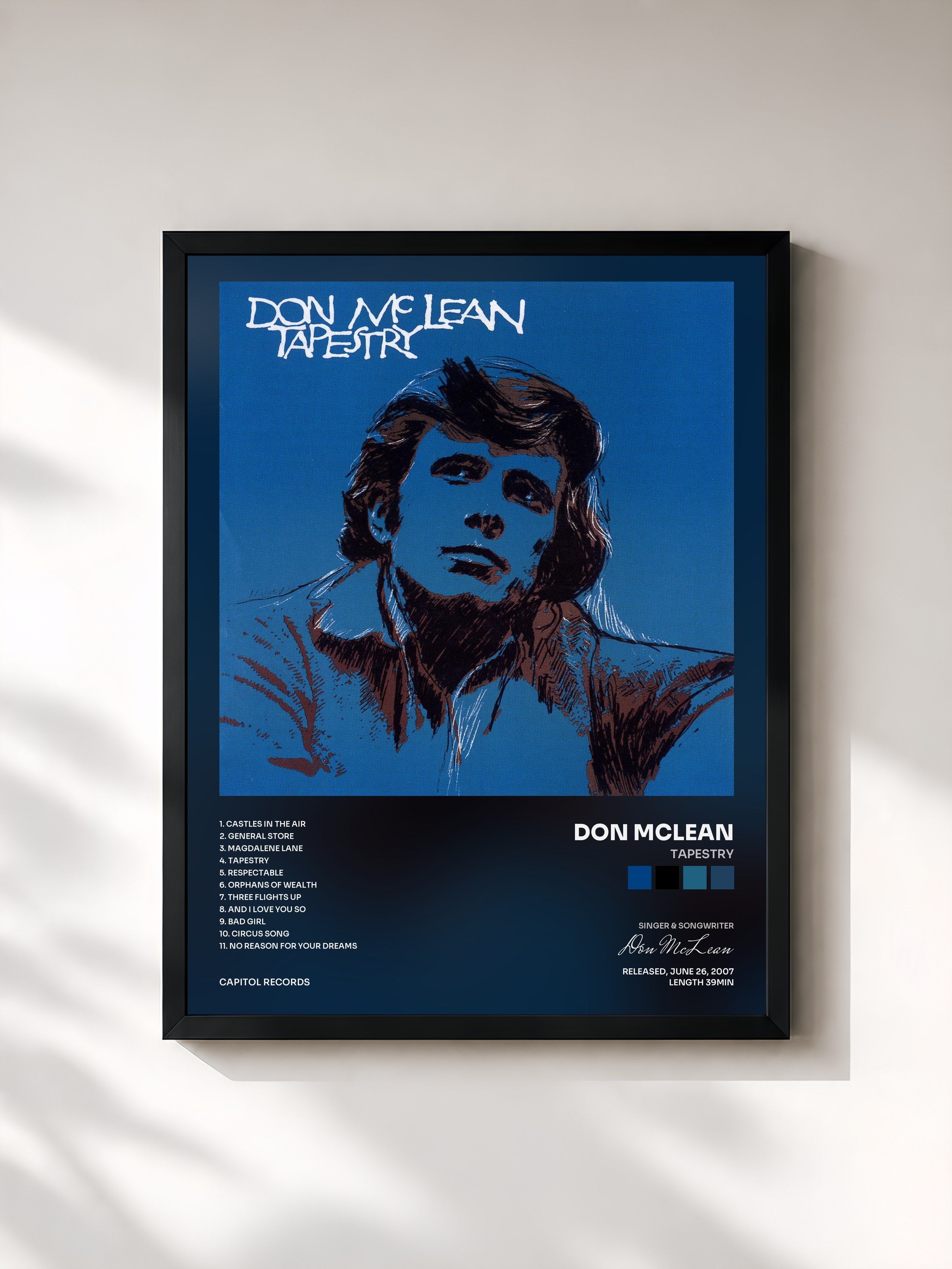 #noir Tableau de l'album Tapestry de Don McLean, cadre noir, imprimé et encadré en France