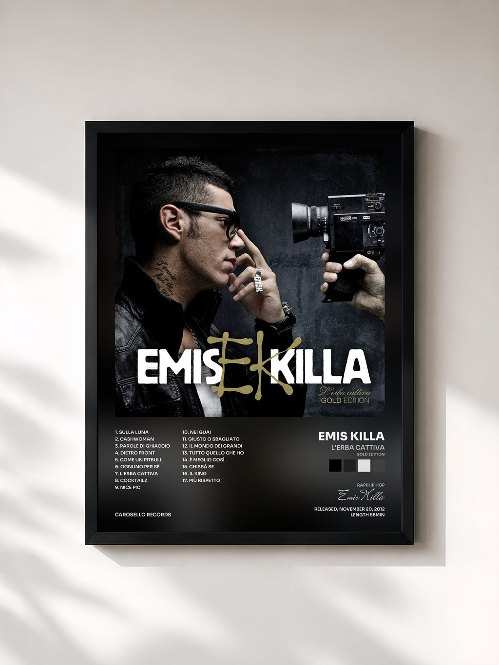 #noir Tableau de l'album L'erba cattiva (Gold Edition) de Emis Killa, cadre noir, imprimé et encadré en France