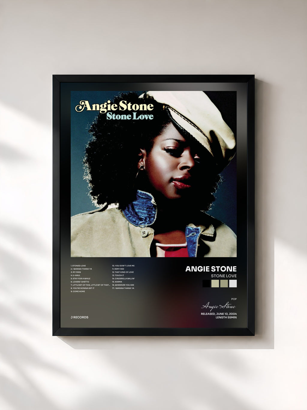 #noir Tableau de l'album Stone Love de Angie Stone, cadre noir, imprimé et encadré en France