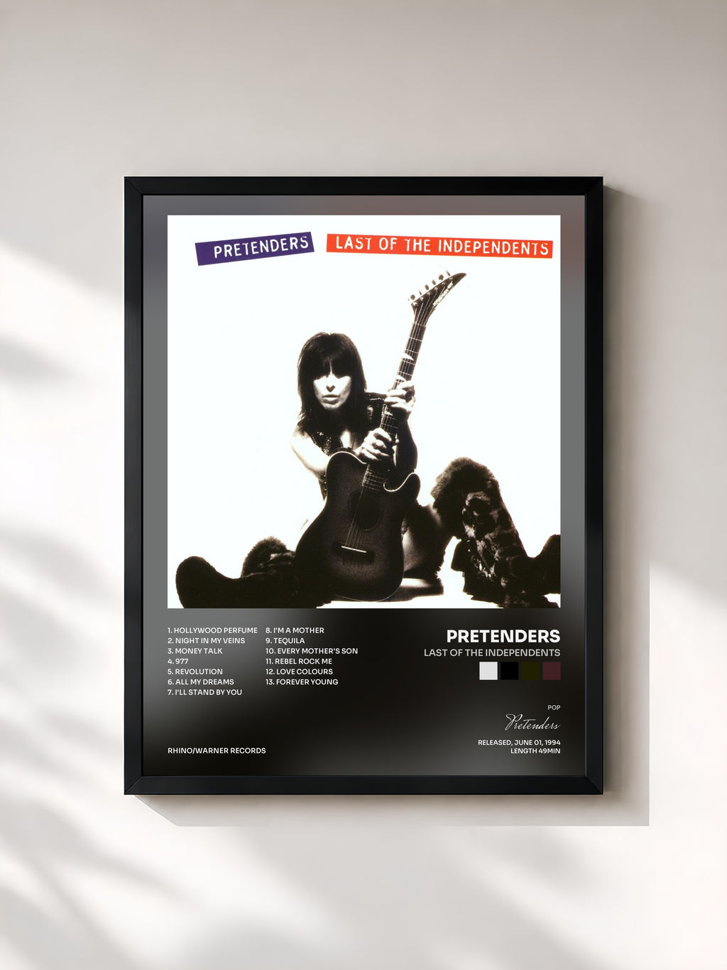 #noir Tableau de l'album Last of the Independents de Pretenders, cadre noir, imprimé et encadré en France
