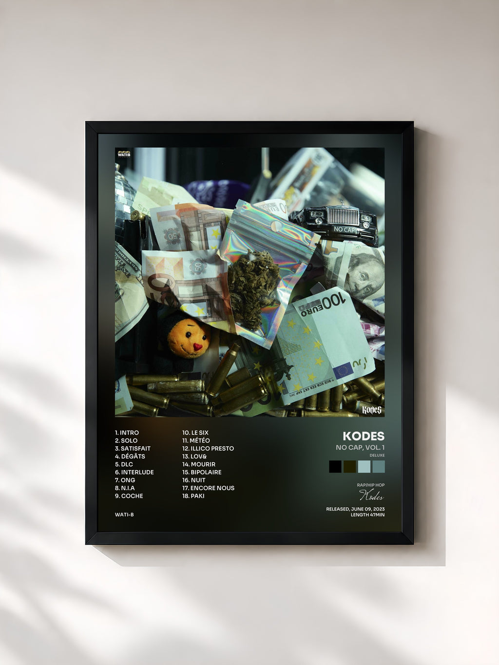 #noir Tableau de l'album NO CAP, Vol. 1 (Deluxe) de Kodes, cadre noir, imprimé et encadré en France