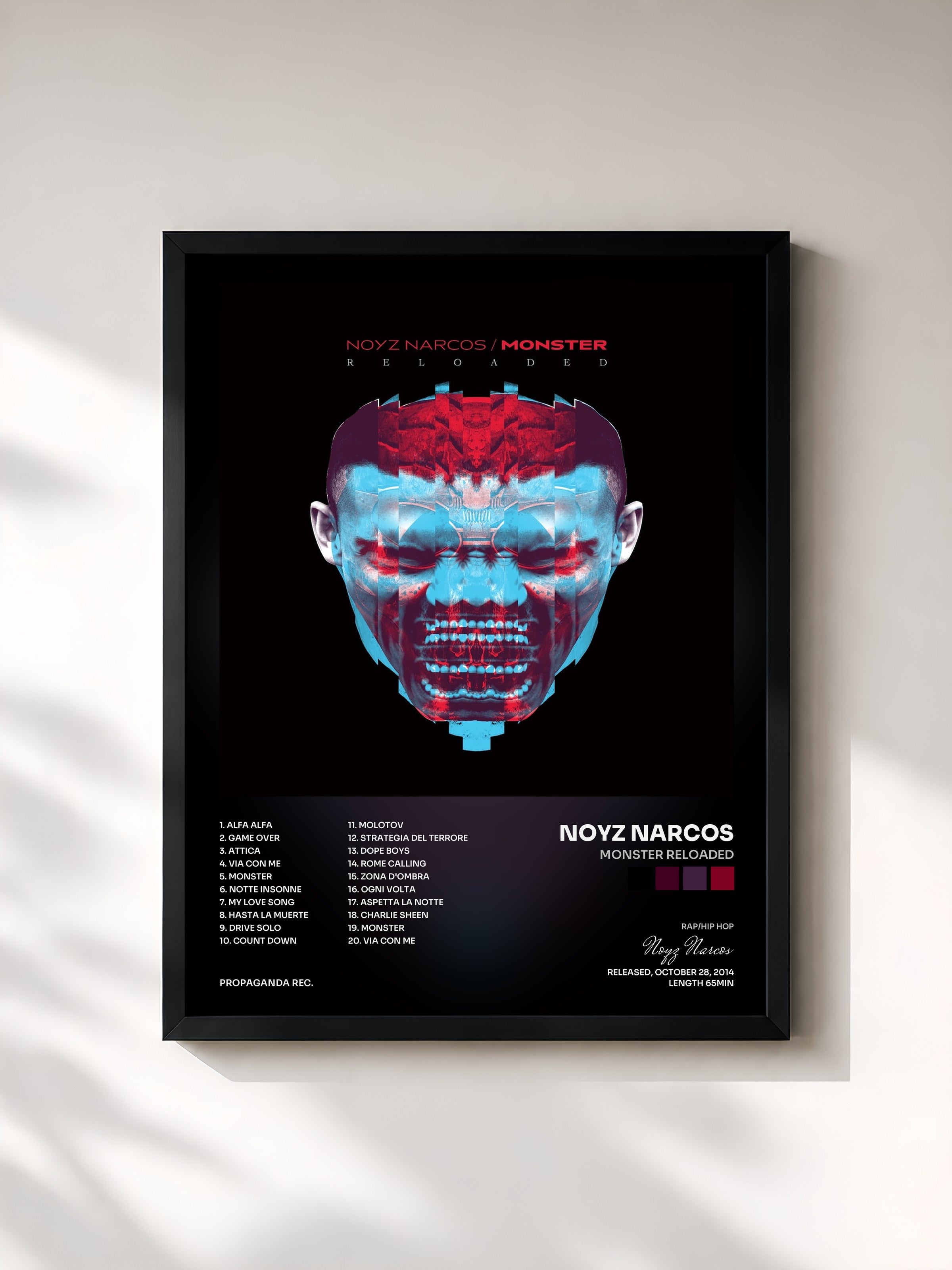 #noir Tableau de l'album Monster Reloaded de Noyz Narcos, cadre noir, imprimé et encadré en France