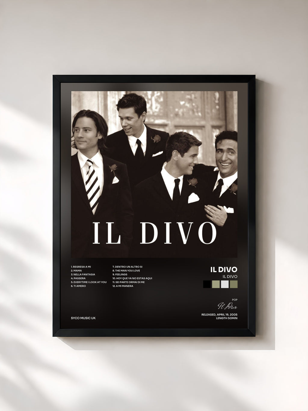 #noir Tableau de l'album Il Divo de Il Divo, cadre noir, imprimé et encadré en France