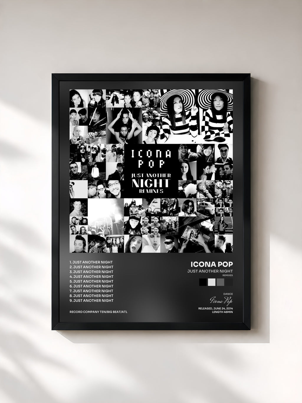 #noir Tableau de l'album Just Another Night (Remixes) de Icona Pop, cadre noir, imprimé et encadré en France