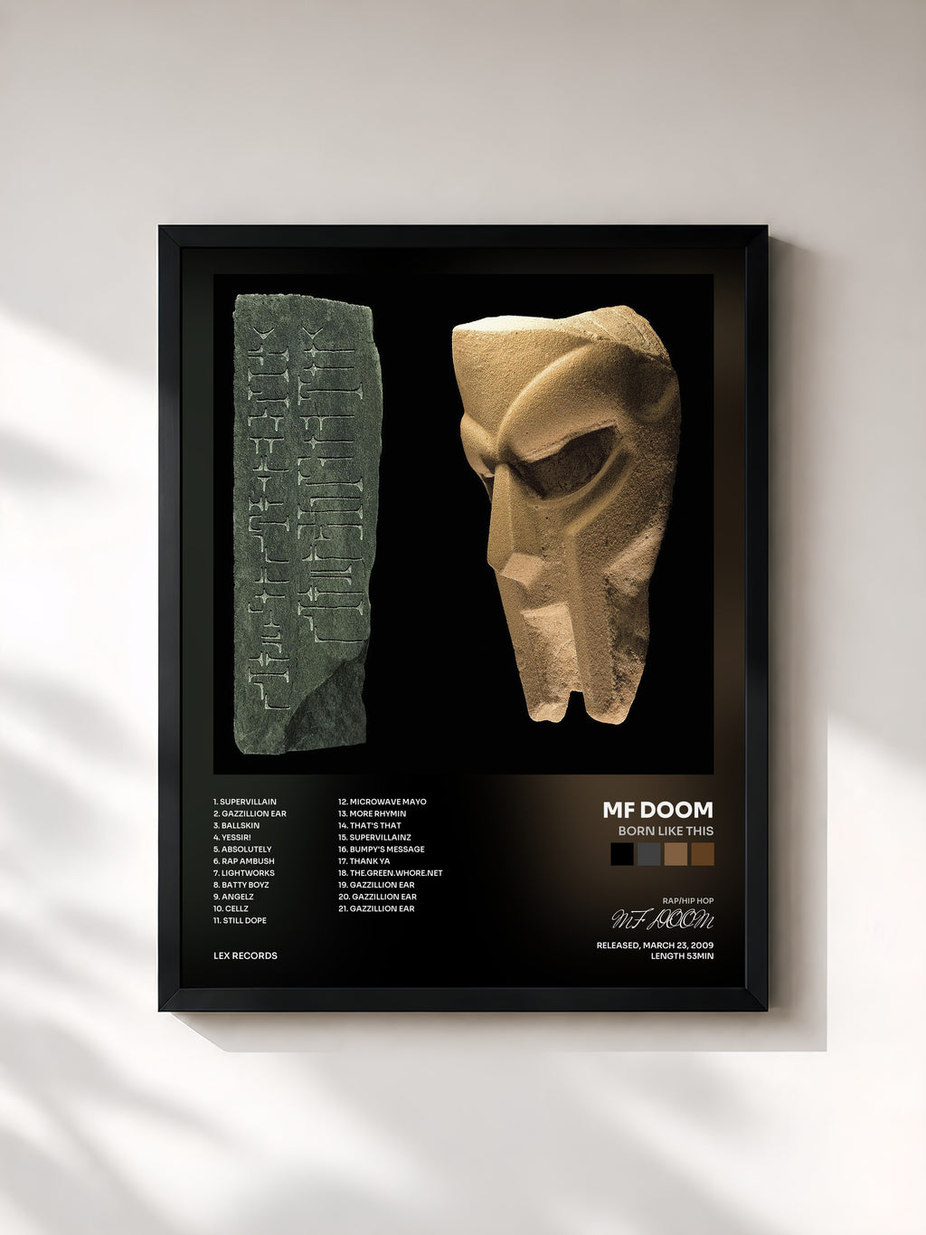 #noir Tableau de l'album BORN LIKE THIS de MF DOOM, cadre noir, imprimé et encadré en France