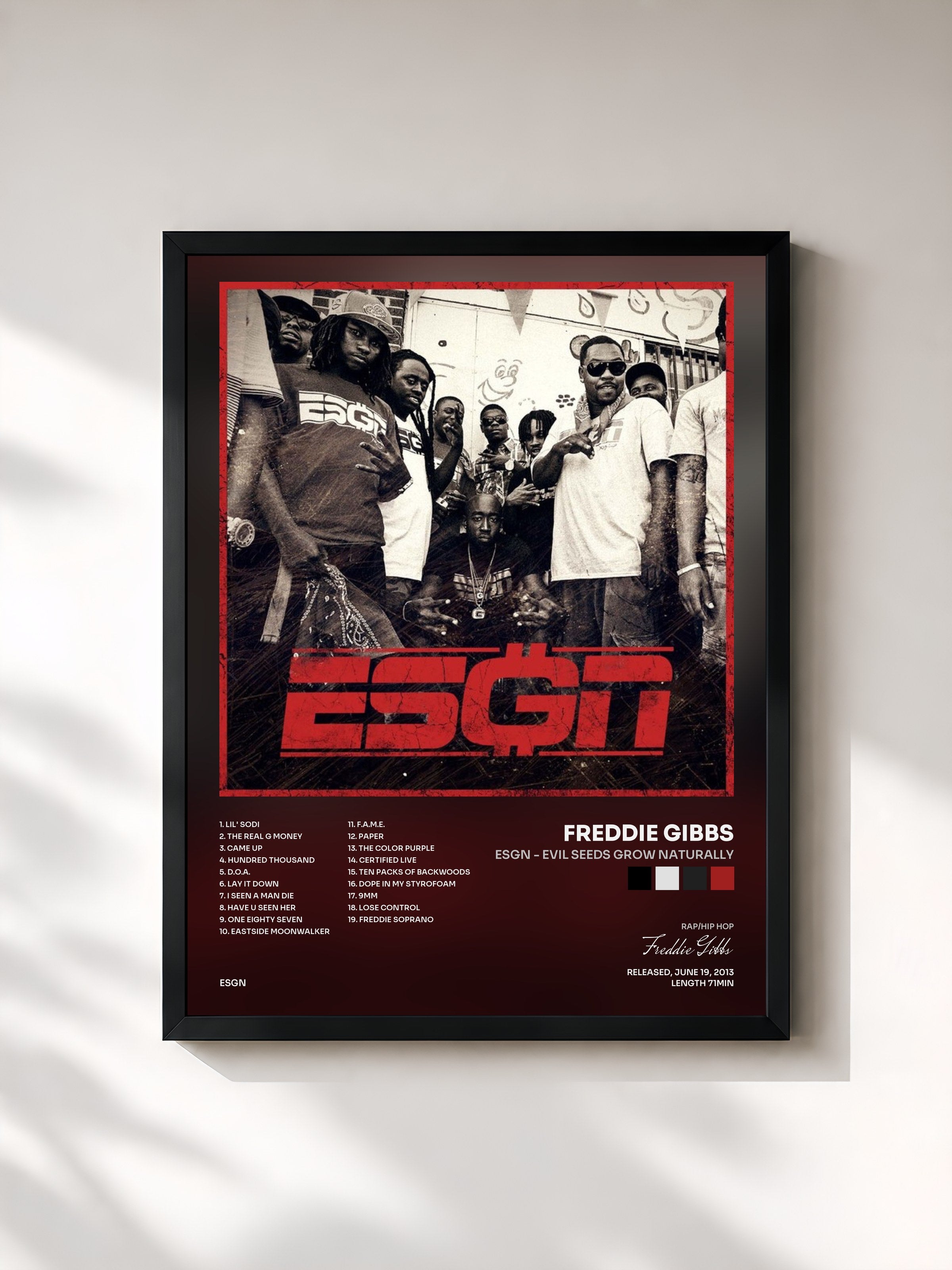 #noir Tableau de l'album ESGN - Evil Seeds Grow Naturally de Freddie Gibbs, cadre noir, imprimé et encadré en France