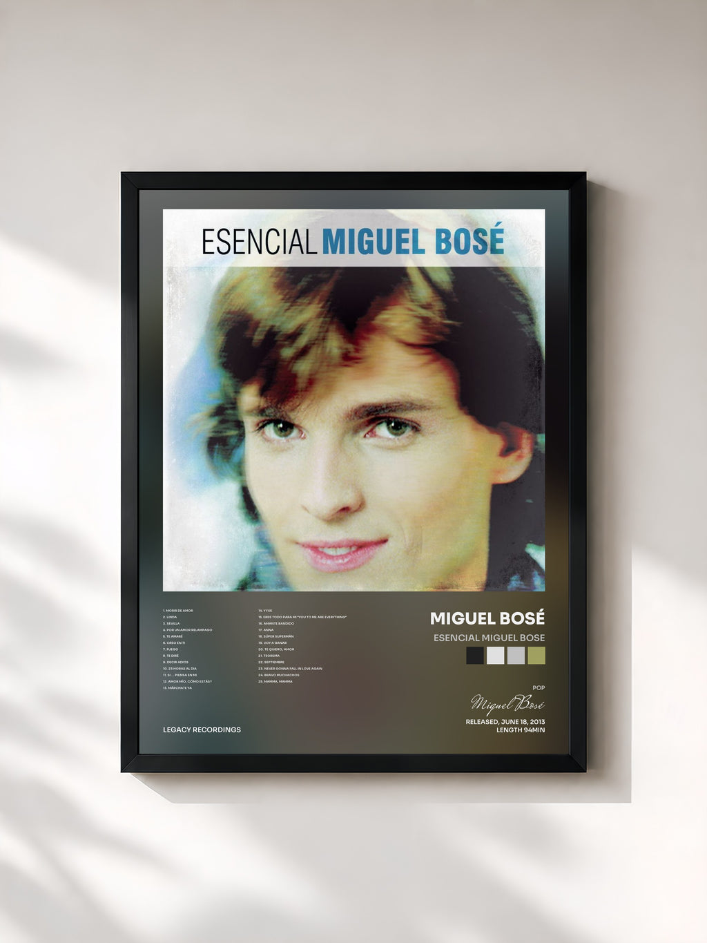 #noir Tableau de l'album Esencial Miguel Bose de Miguel Bosé, cadre noir, imprimé et encadré en France