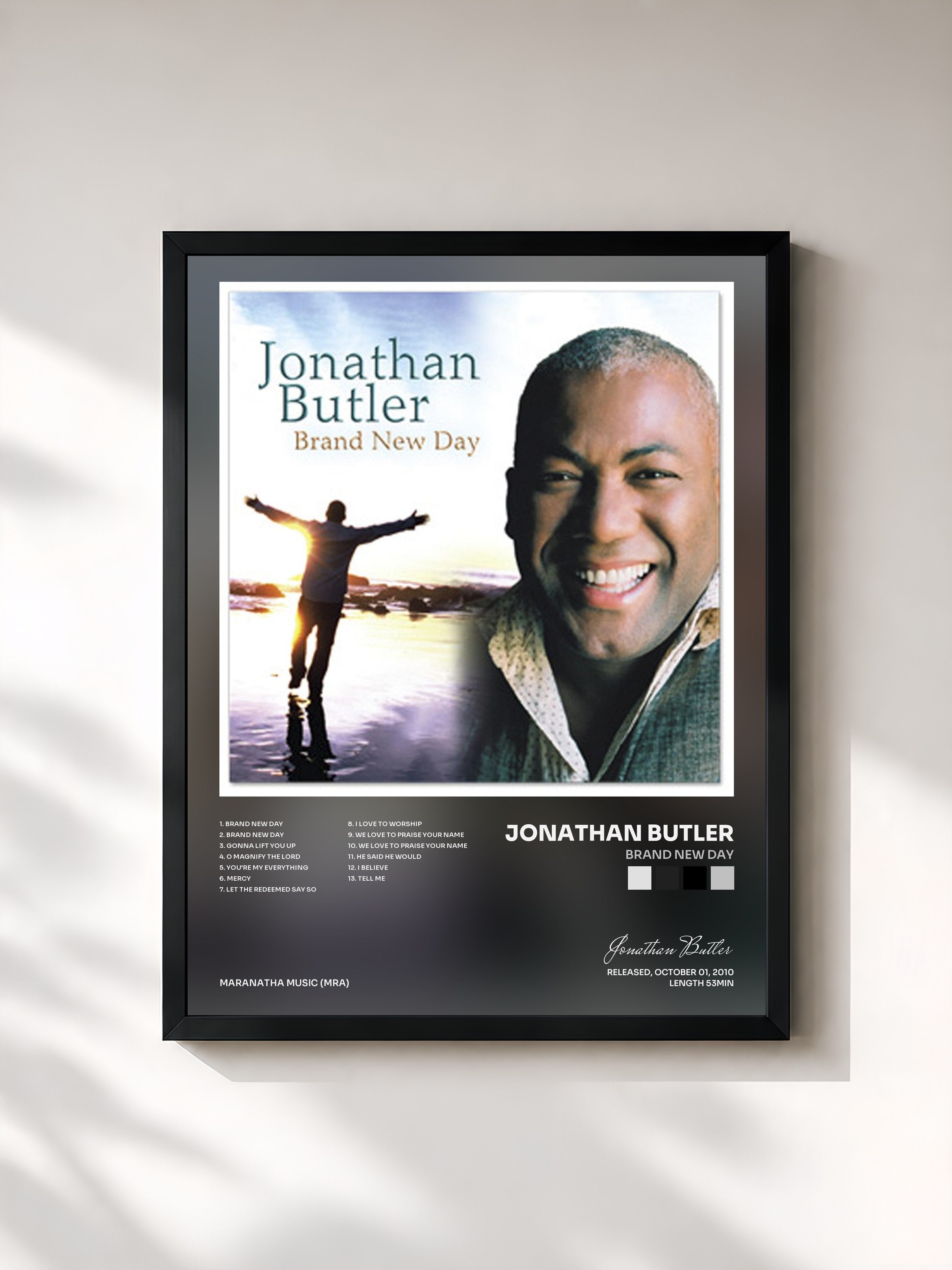 #noir Tableau de l'album Brand New Day de Jonathan Butler, cadre noir, imprimé et encadré en France