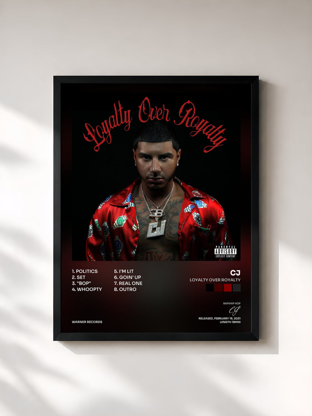 #noir Tableau de l'album Loyalty Over Royalty de CJ, cadre noir, imprimé et encadré en France