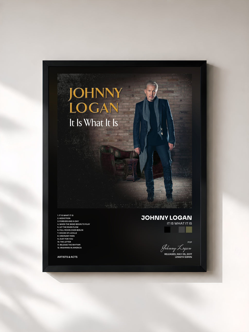 #noir Tableau de l'album It Is What It Is de Johnny Logan, cadre noir, imprimé et encadré en France