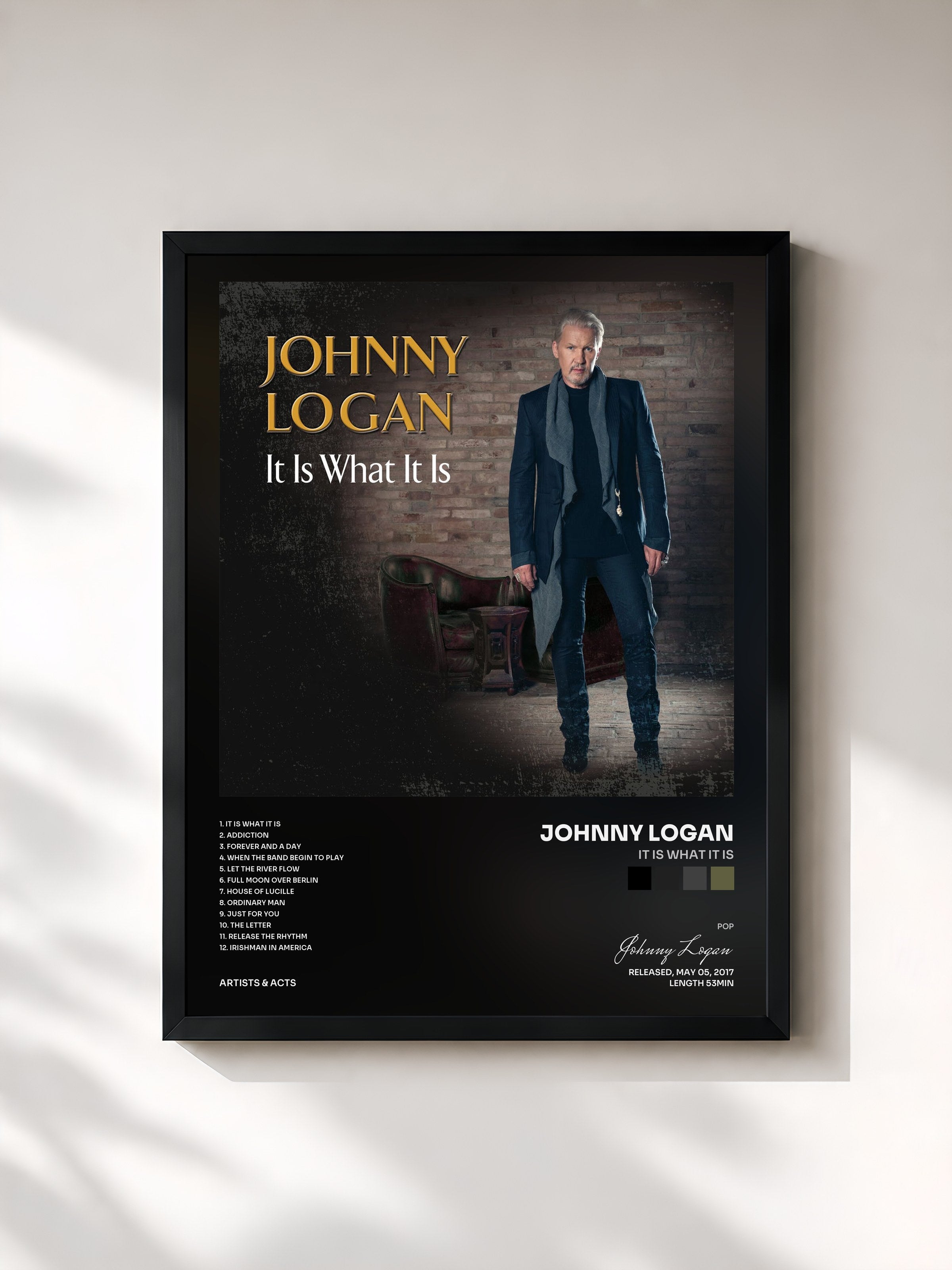 #noir Tableau de l'album It Is What It Is de Johnny Logan, cadre noir, imprimé et encadré en France