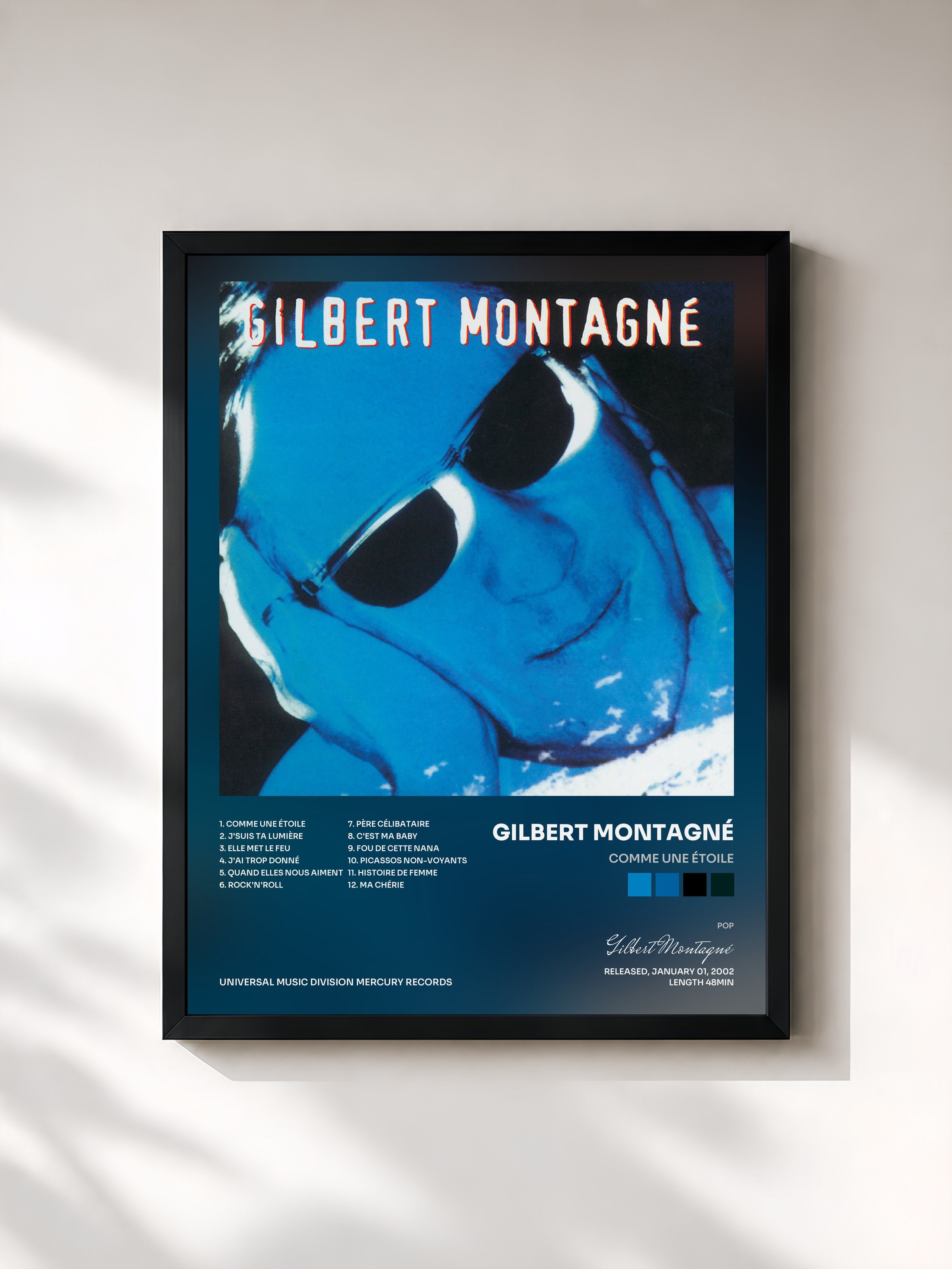 #noir Tableau de l'album Comme une étoile de Gilbert Montagné, cadre noir, imprimé et encadré en France