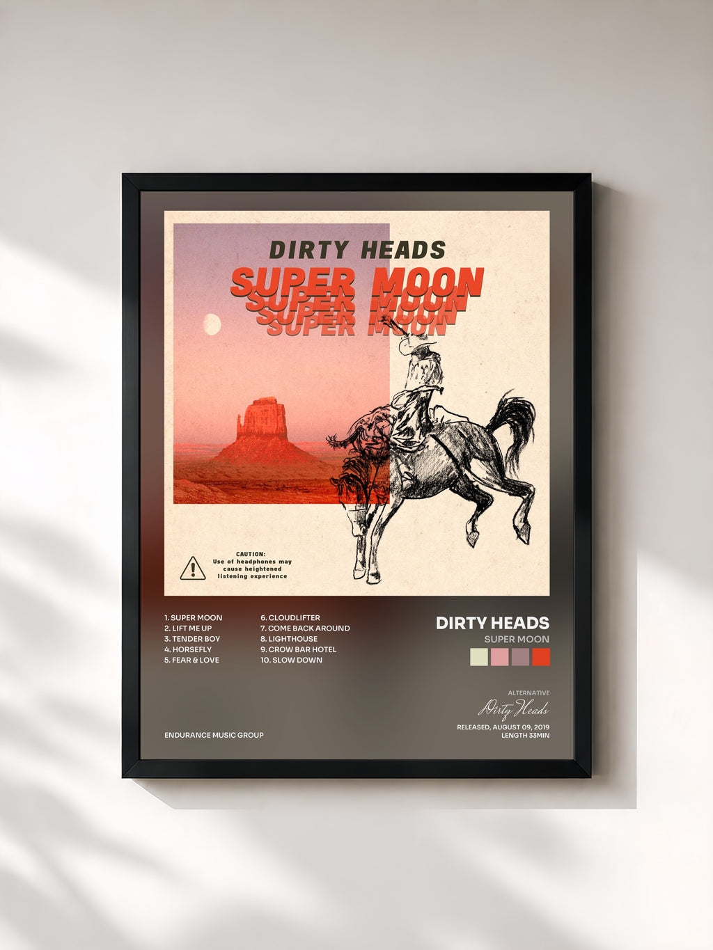 #noir Tableau de l'album Super Moon de Dirty Heads, cadre noir, imprimé et encadré en France