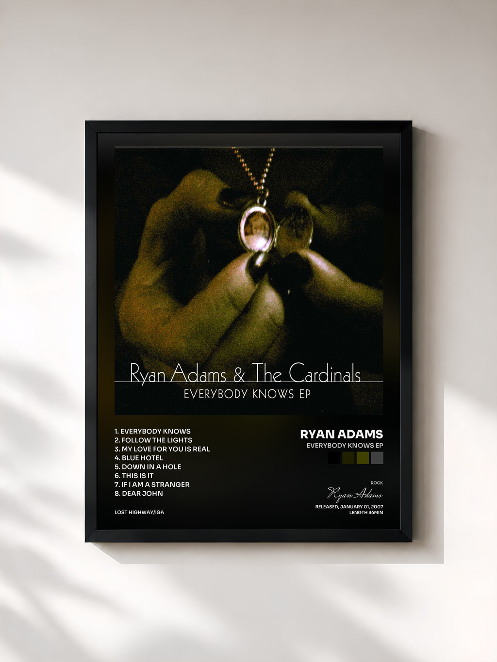 #noir Tableau de l'album Everybody Knows EP de Ryan Adams, cadre noir, imprimé et encadré en France