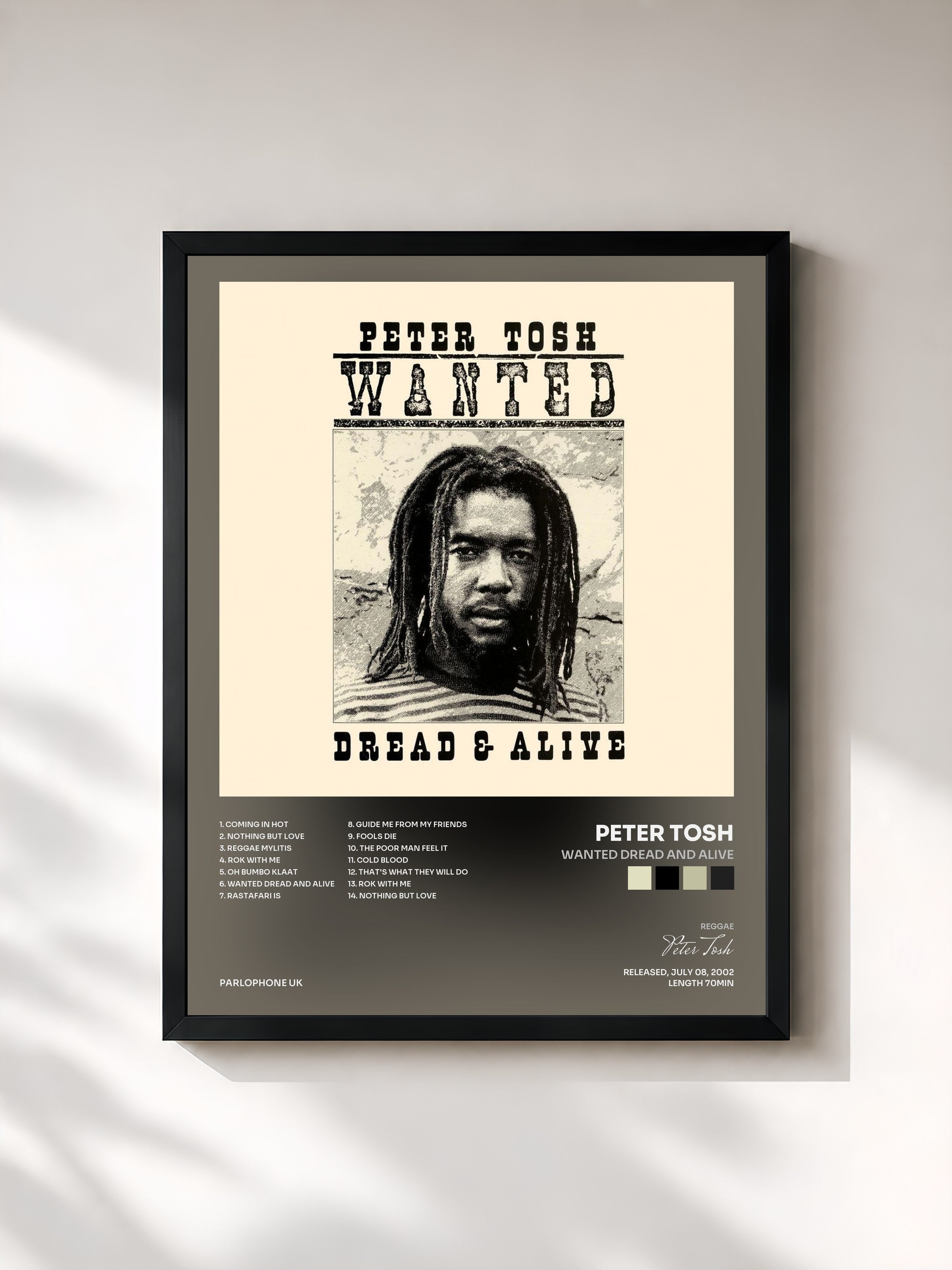 #noir Tableau de l'album Wanted Dread and Alive de Peter Tosh, cadre noir, imprimé et encadré en France