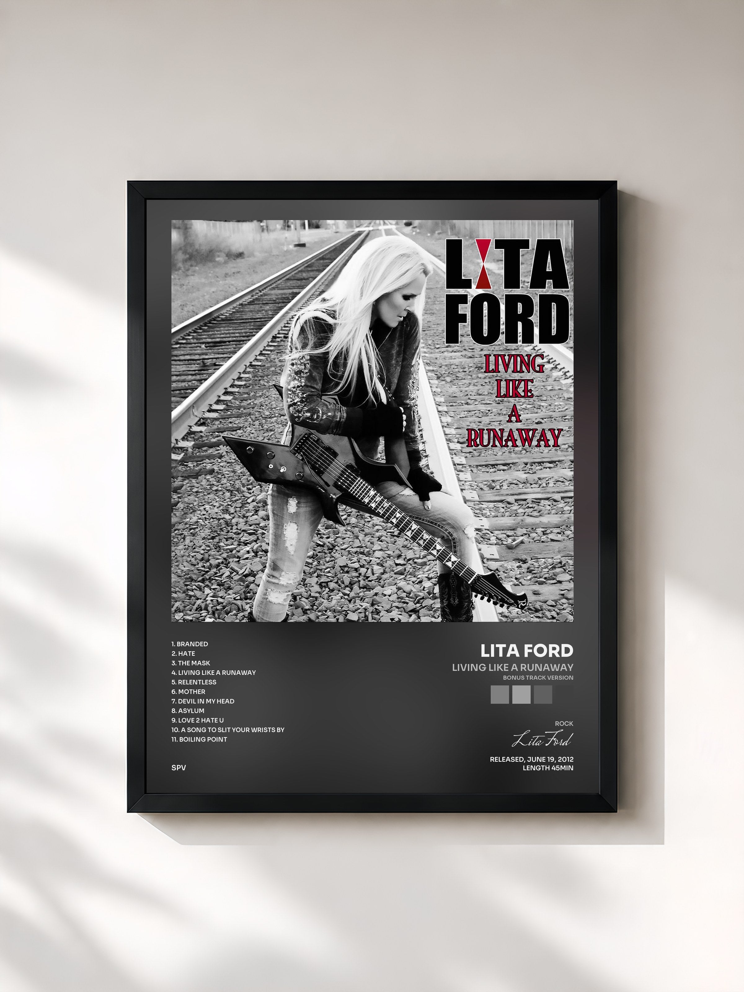 #noir Tableau de l'album Living Like a Runaway (Bonus Track Version) de Lita Ford, cadre noir, imprimé et encadré en France