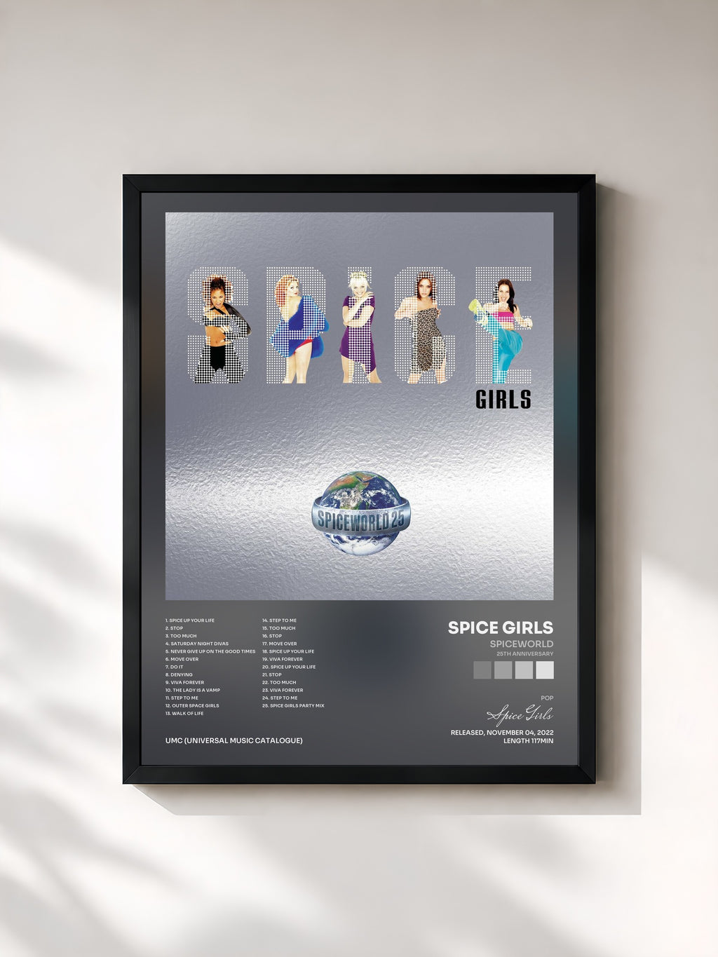 #noir Tableau de l'album Spiceworld (25th Anniversary) de Spice Girls, cadre noir, imprimé et encadré en France