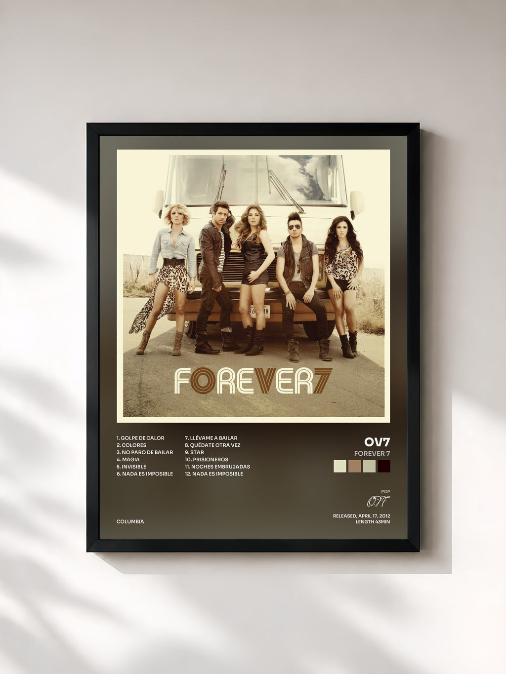#noir Tableau de l'album Forever 7 de OV7, cadre noir, imprimé et encadré en France